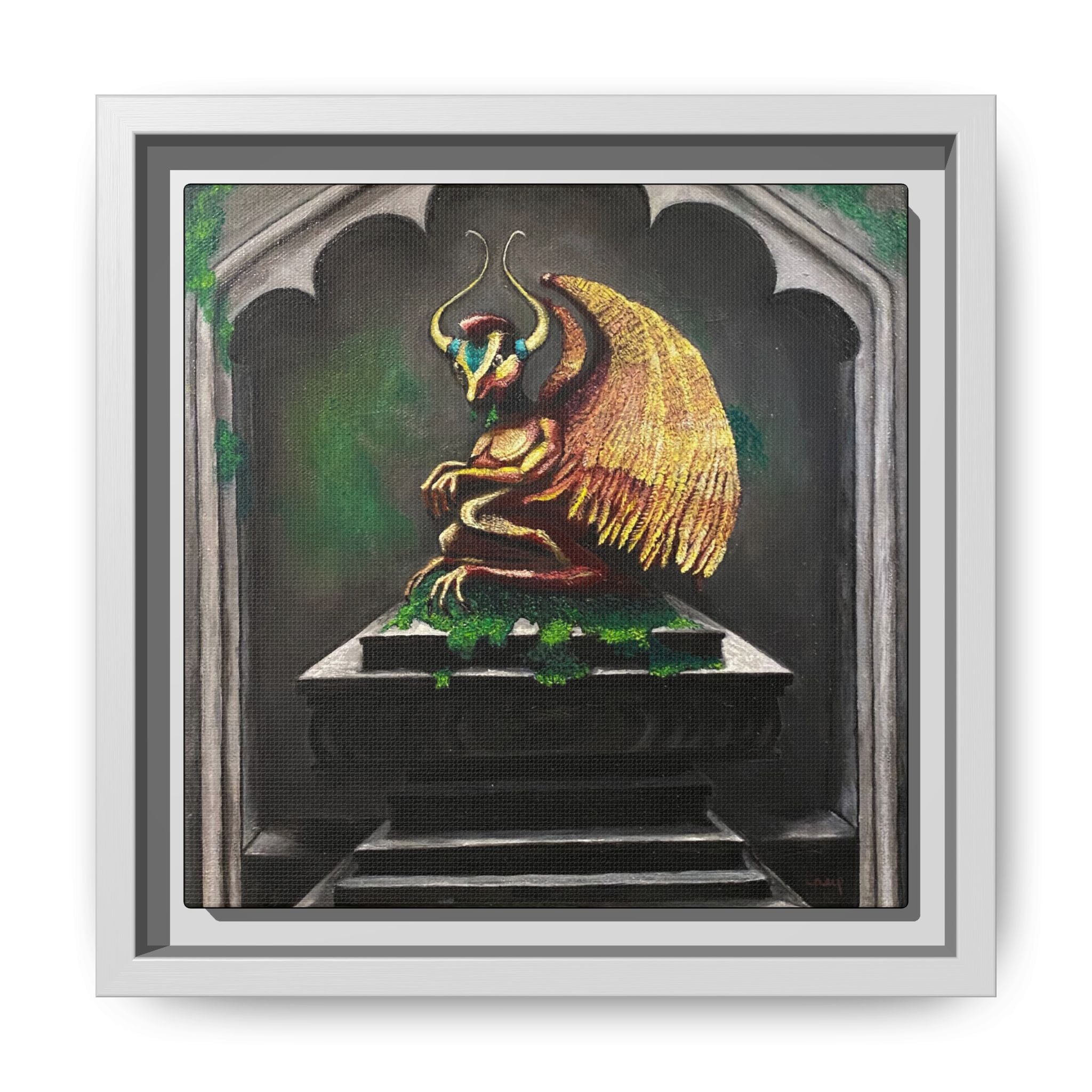 Framed Matte Canvas - Golden Gothic Gargoyle Wall Art