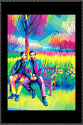 Vibrant Pop Art Satin Poster — Colorful Duo Bench Portrait