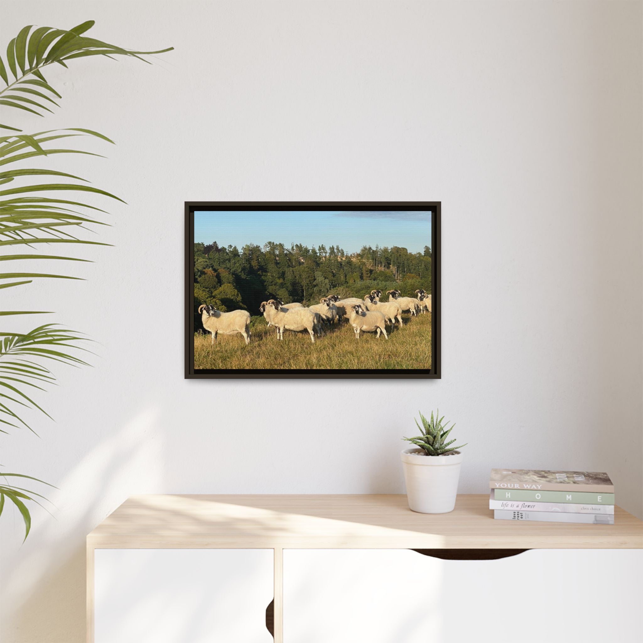 Framed Matte Canvas Print — Pastoral Sheep Landscape Wall Art