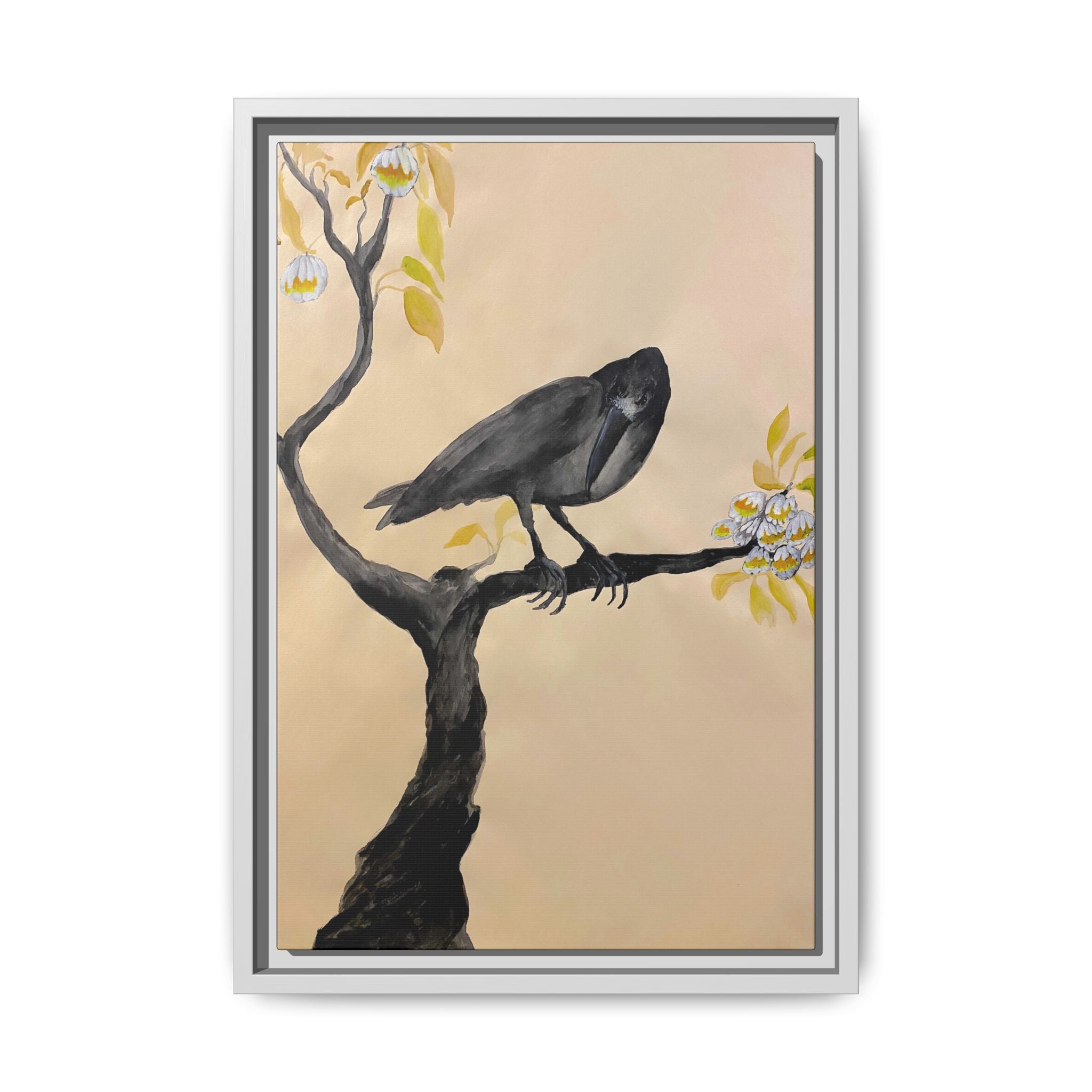 Raven on Branch Matte Framed Canvas – Moody Bird Wall Art