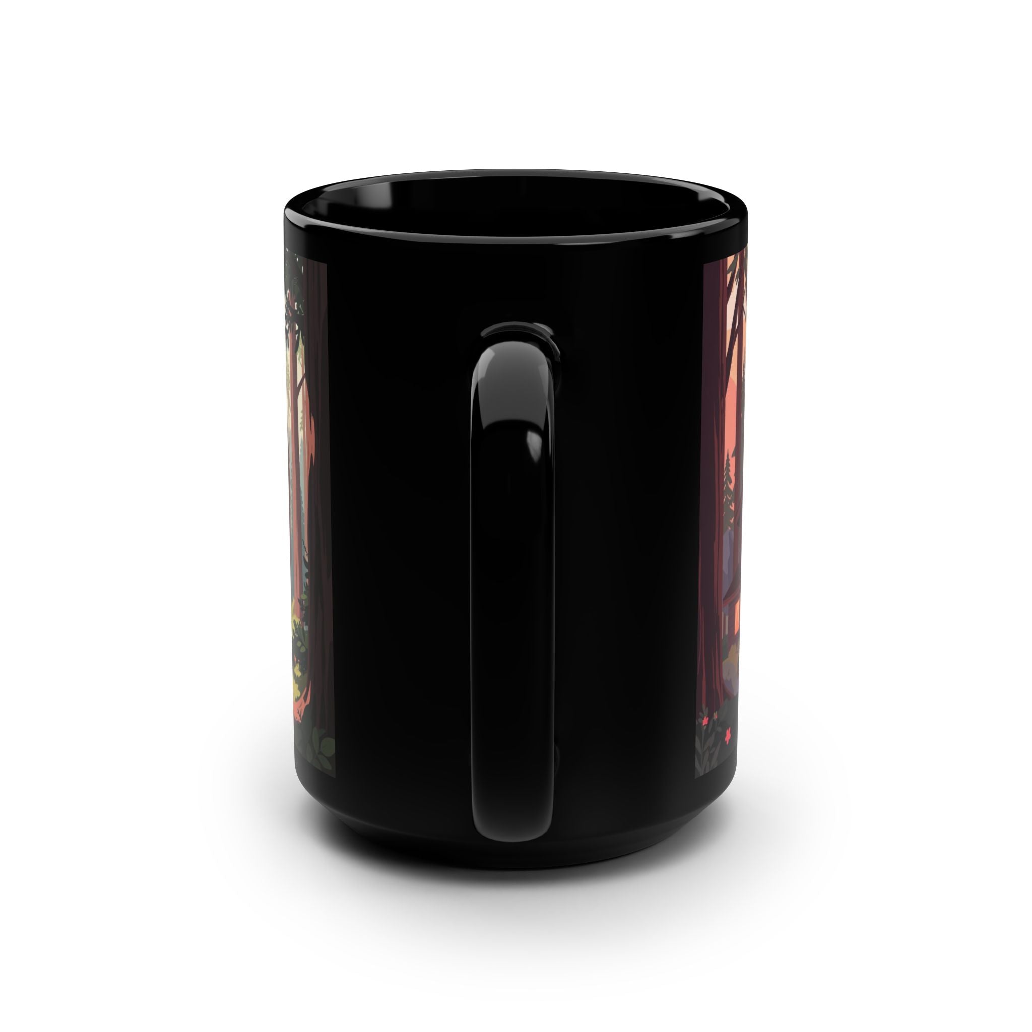 Bigfoot Forest Mug — 15oz Black Coffee Cup with Sasquatch Woodland Illustration