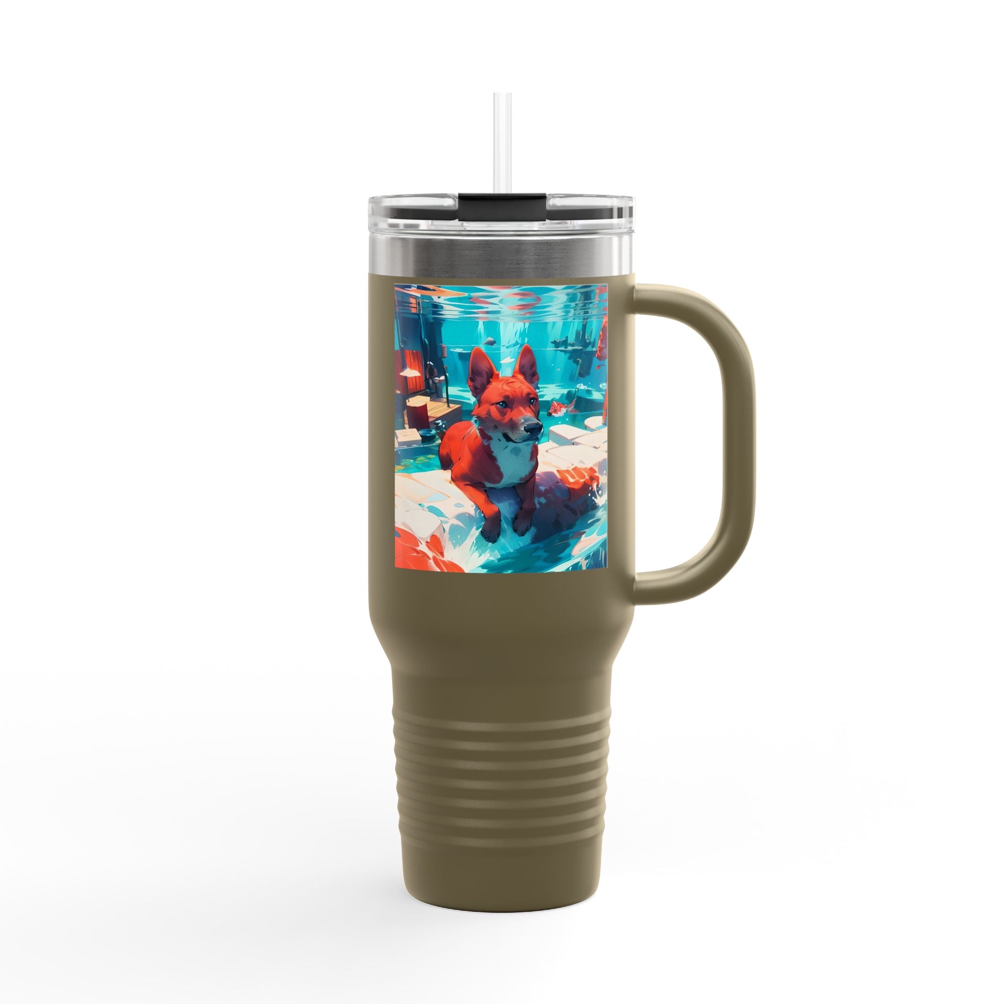 40oz Insulated Travel Mug – Colorful Underwater Dog Art Design