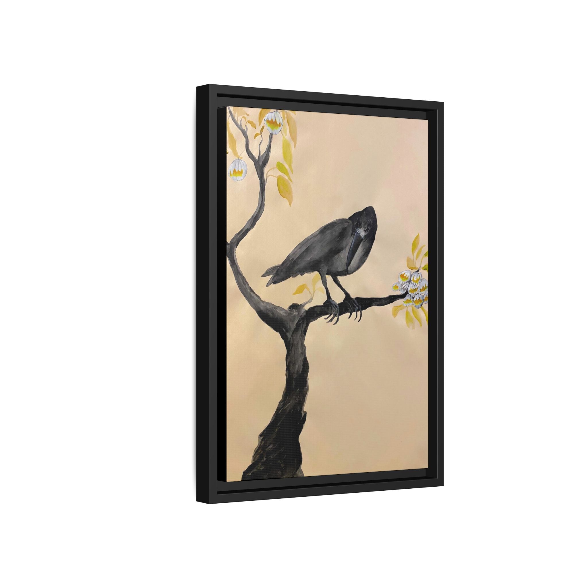Raven on Branch Matte Framed Canvas – Moody Bird Wall Art