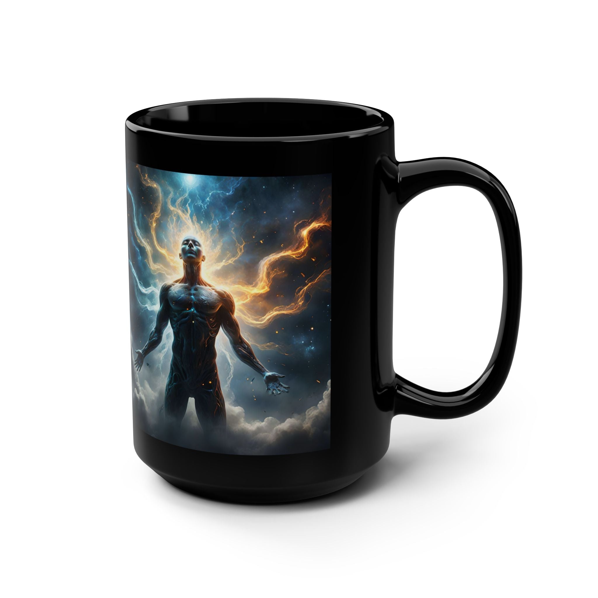 Galactic Ascendant 15oz Black Coffee Mug — Connecting to Source - Cosmic Human Figure Nebula Art