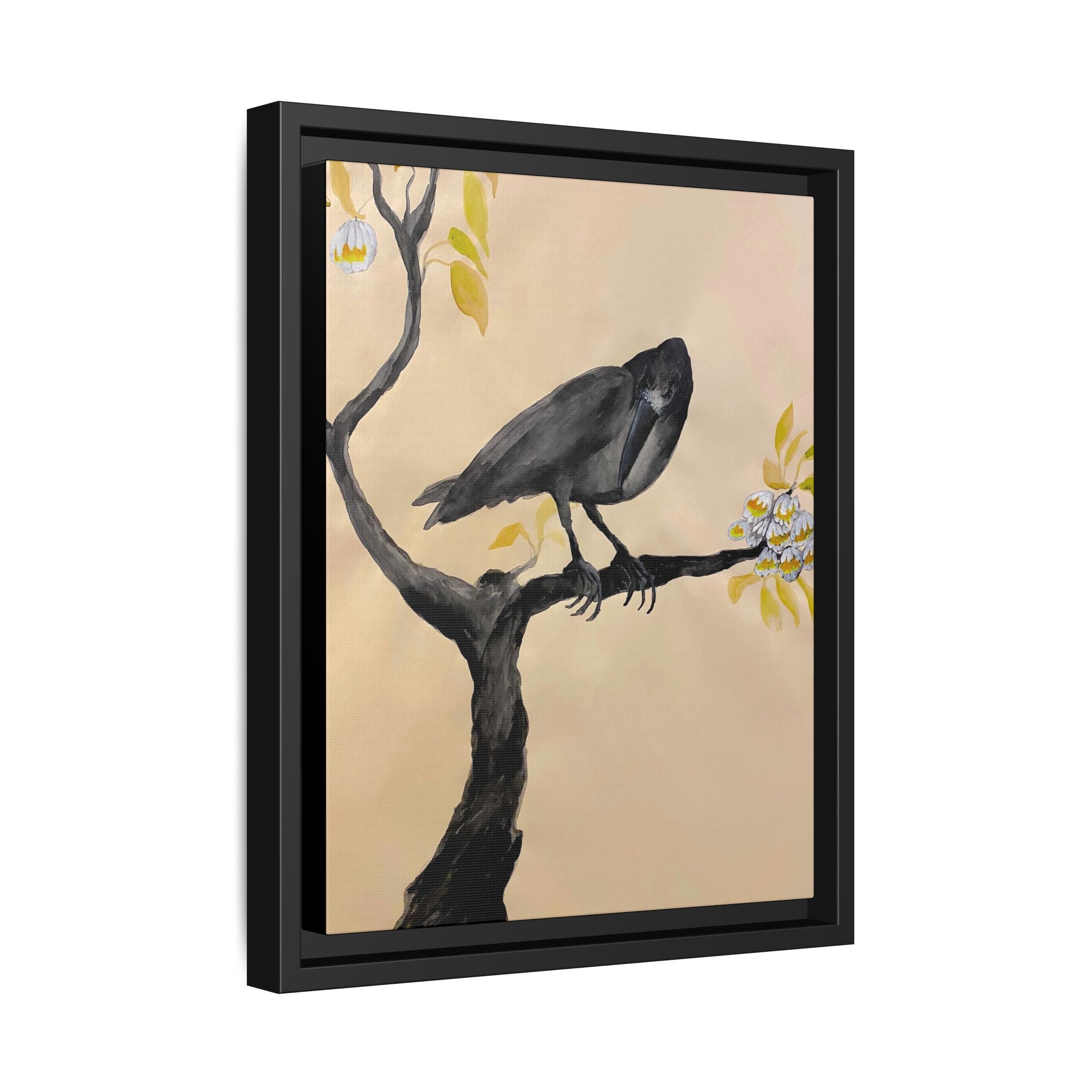 Raven on Branch Matte Framed Canvas – Moody Bird Wall Art