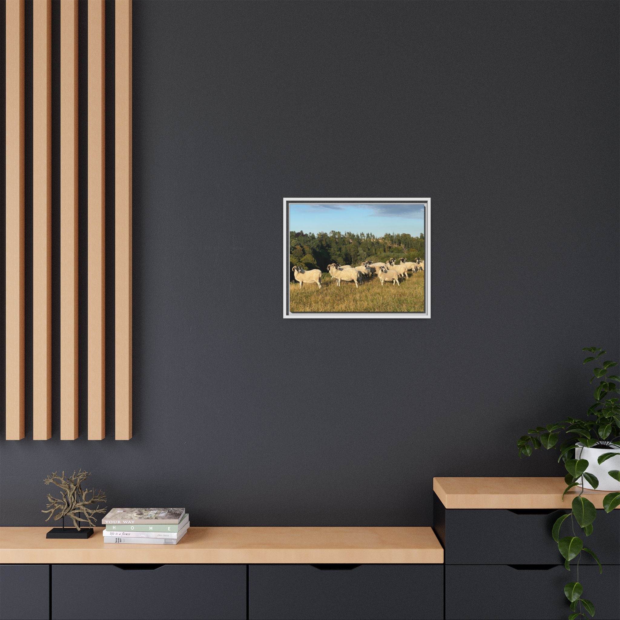 Framed Matte Canvas Print — Pastoral Sheep Landscape Wall Art