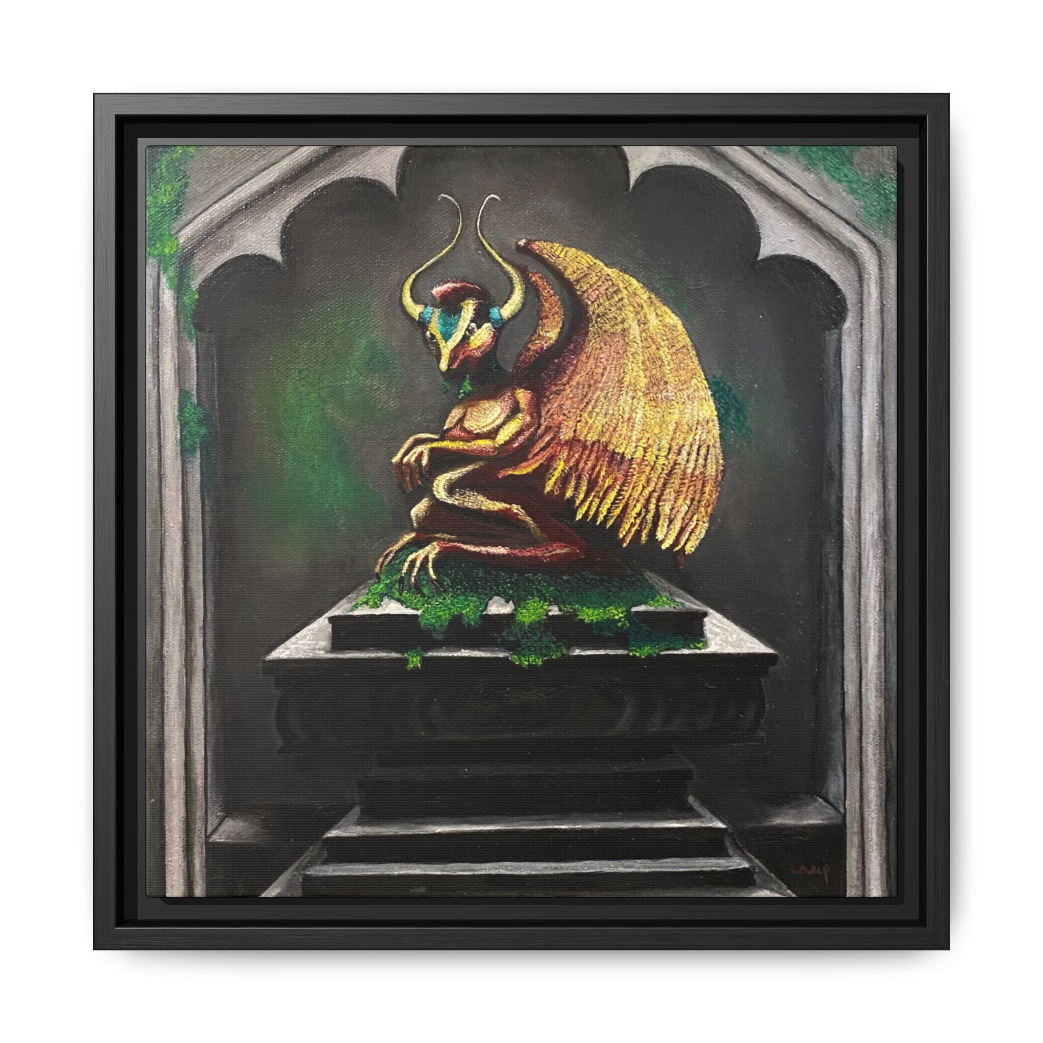 Framed Matte Canvas - Golden Gothic Gargoyle Wall Art