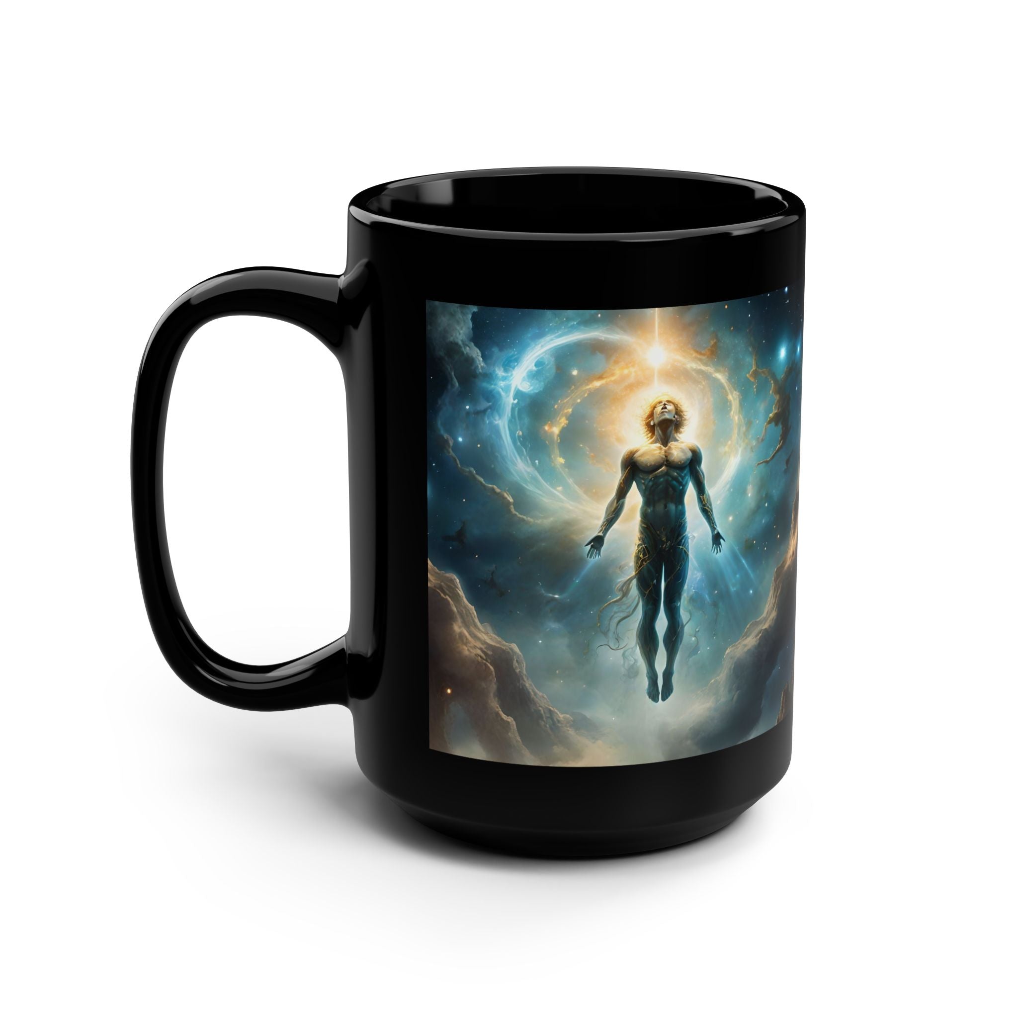 Galactic Ascendant 15oz Black Coffee Mug — Connecting to Source - Cosmic Human Figure Nebula Art