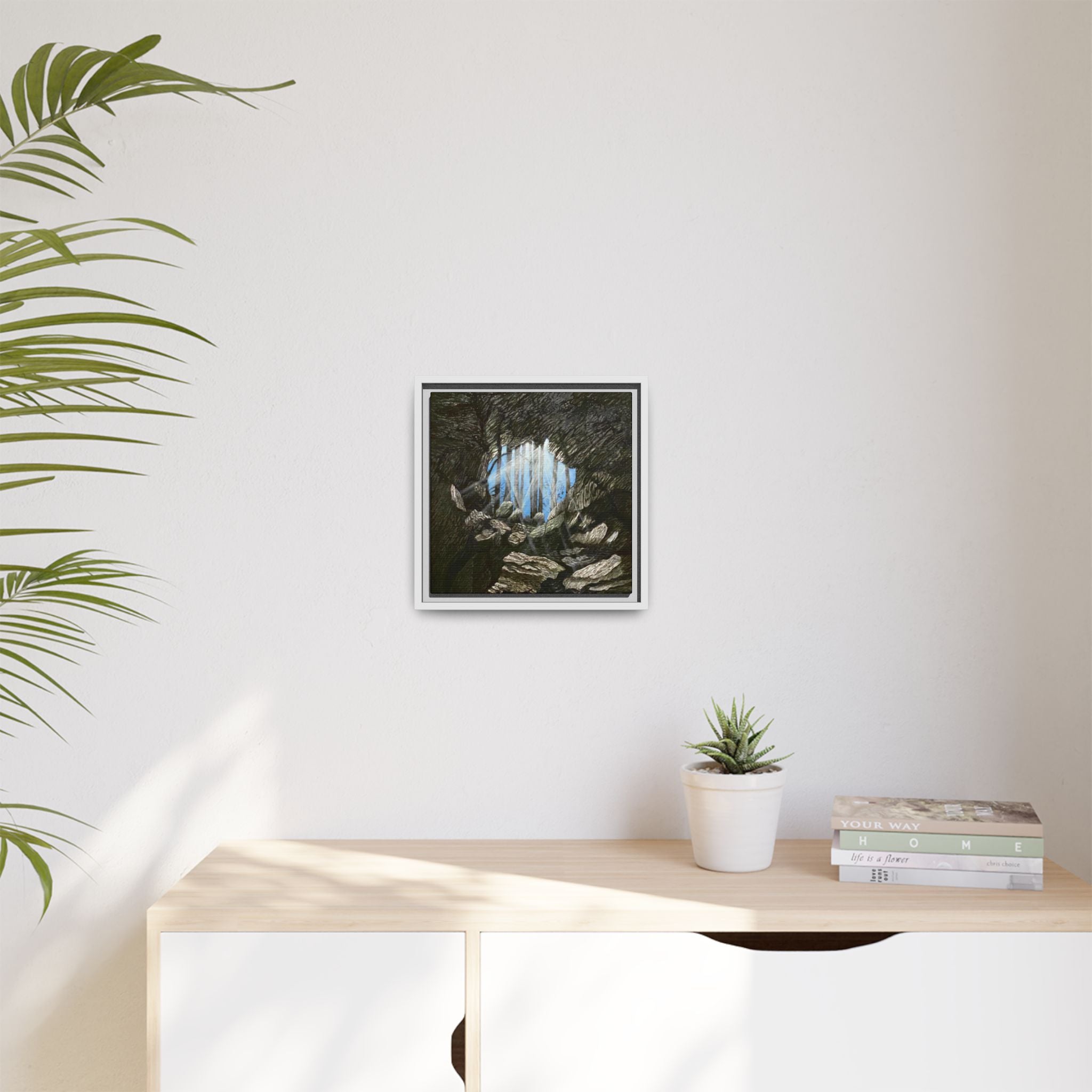 Framed Matte Canvas Art — Cave Opening with Blue Sky Landscape