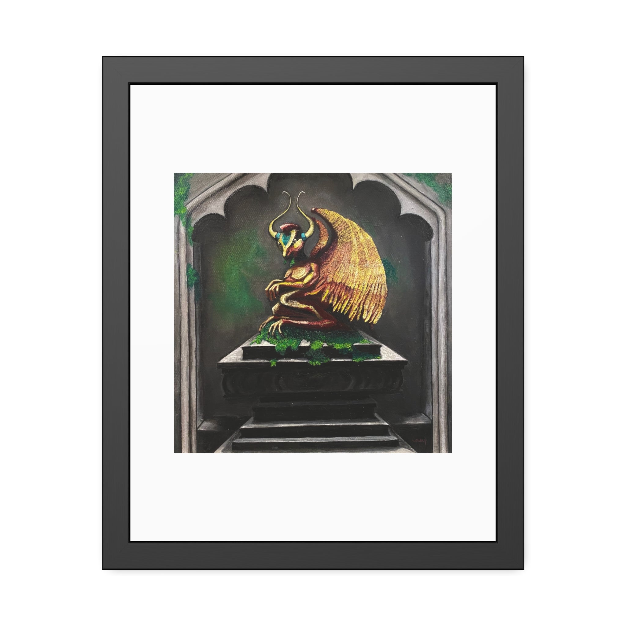 Golden Gargoyle Framed Art Print — Gothic Fantasy Paper Poster