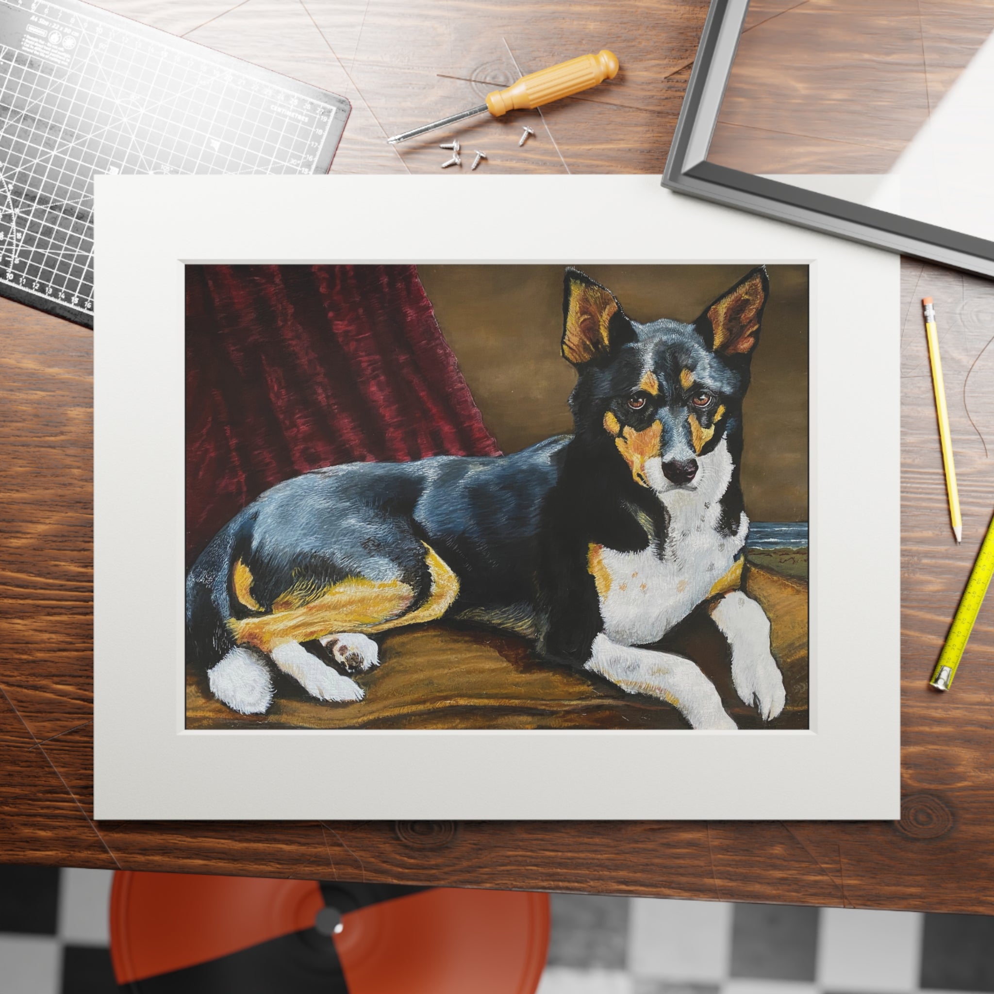 Tricolor Dog Fine Art Print with Passepartout Frame — "Upton" Pet Portrait Wall Art (2022)
