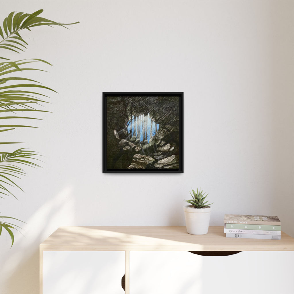 Framed Matte Canvas Art — Cave Opening with Blue Sky Landscape