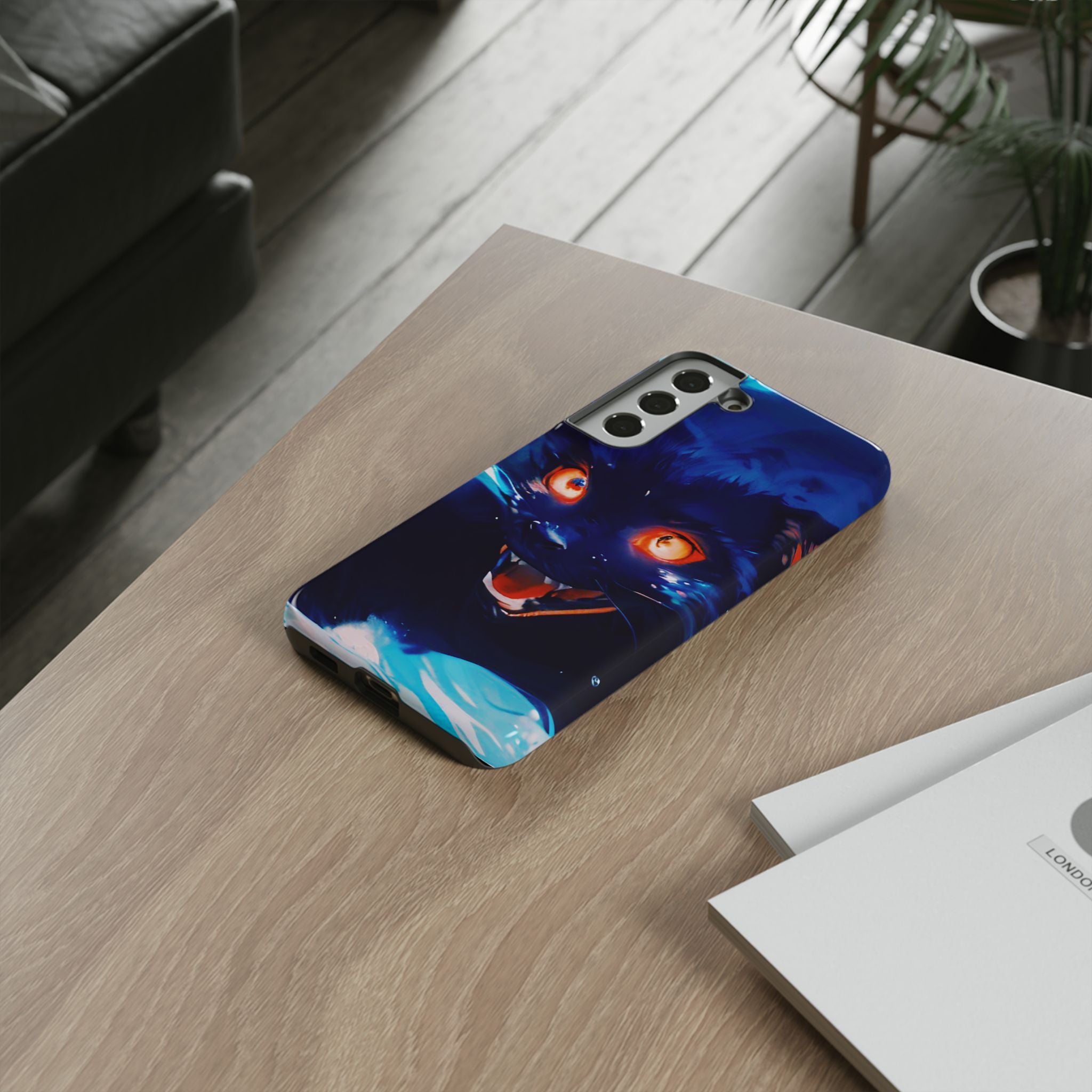 Demon Cat Phone Case — Glowing Blue Feline Tough Case
