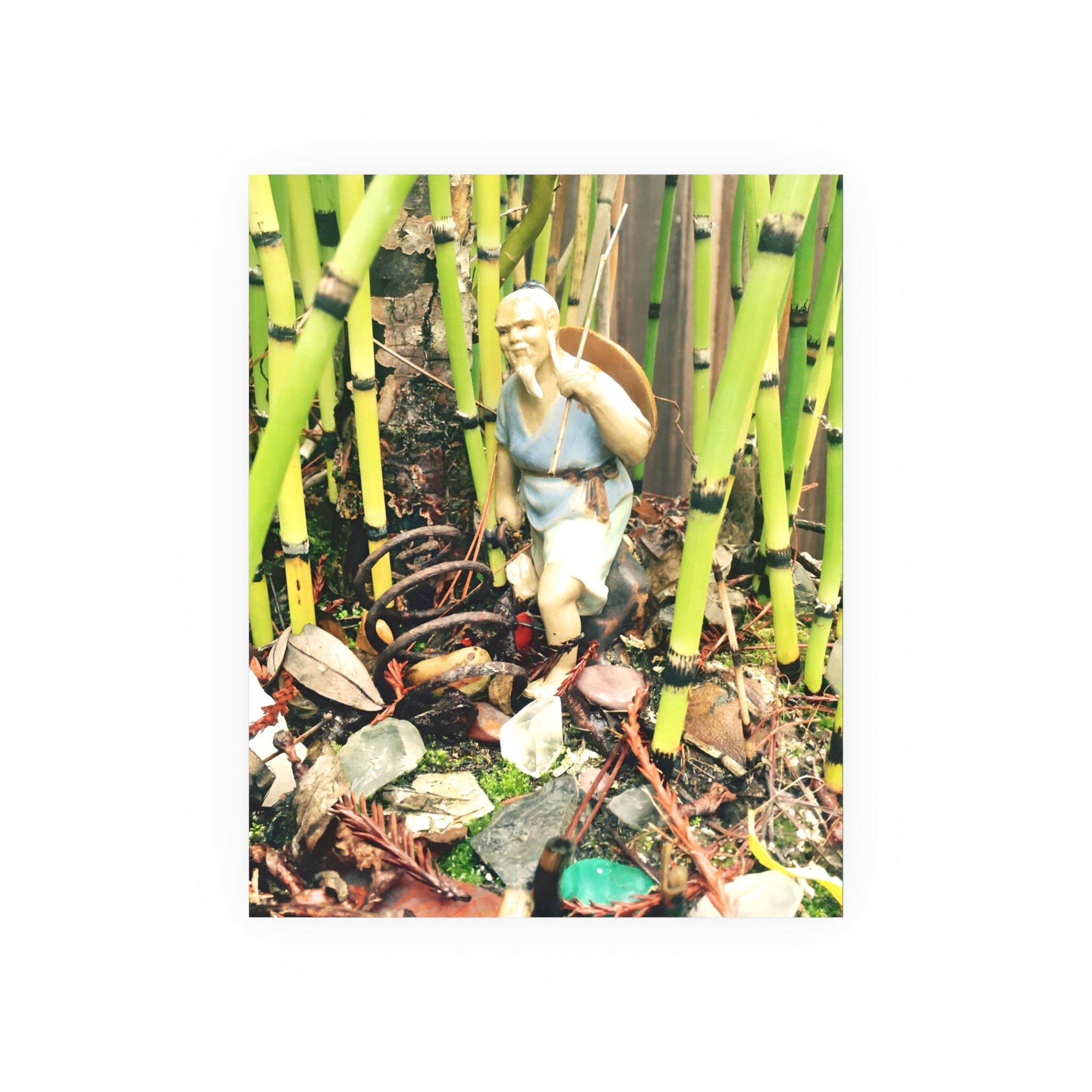 Garden Vignette Poster — Vintage Figurine Among Bamboo Satin/Matte Print