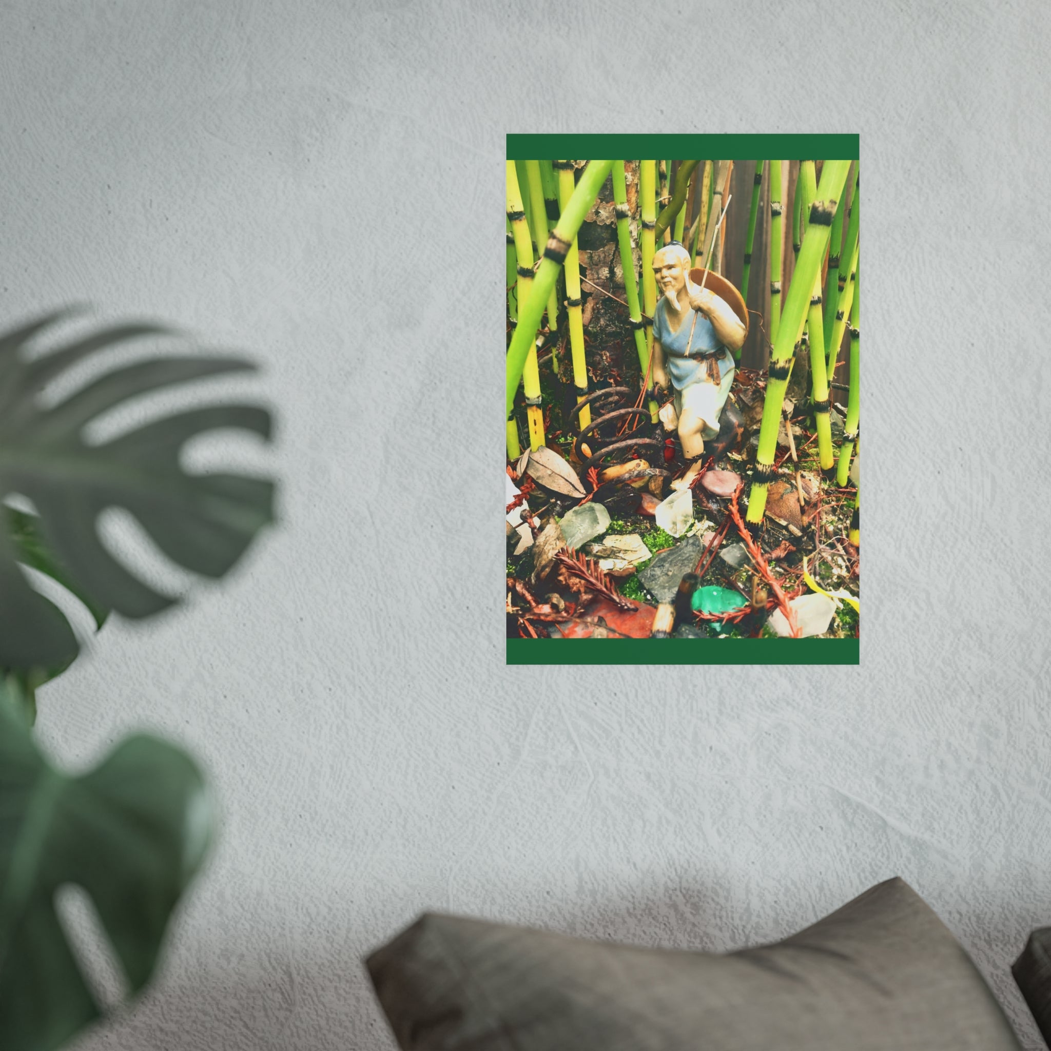 Garden Vignette Poster — Vintage Figurine Among Bamboo Satin/Matte Print