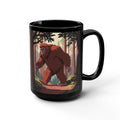 Bigfoot Forest Mug — 15oz Black Coffee Cup with Sasquatch Woodland Illustration