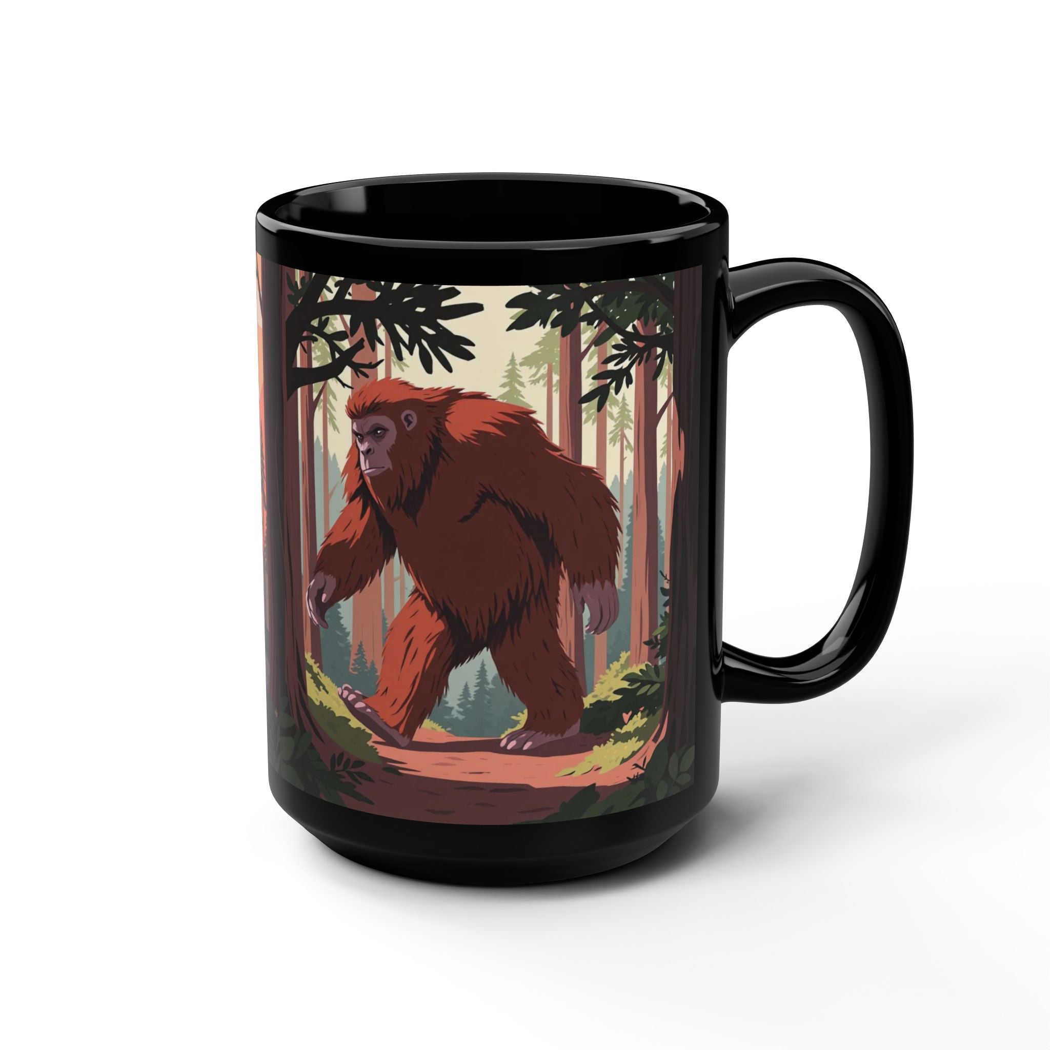 Bigfoot Forest Mug — 15oz Black Coffee Cup with Sasquatch Woodland Illustration