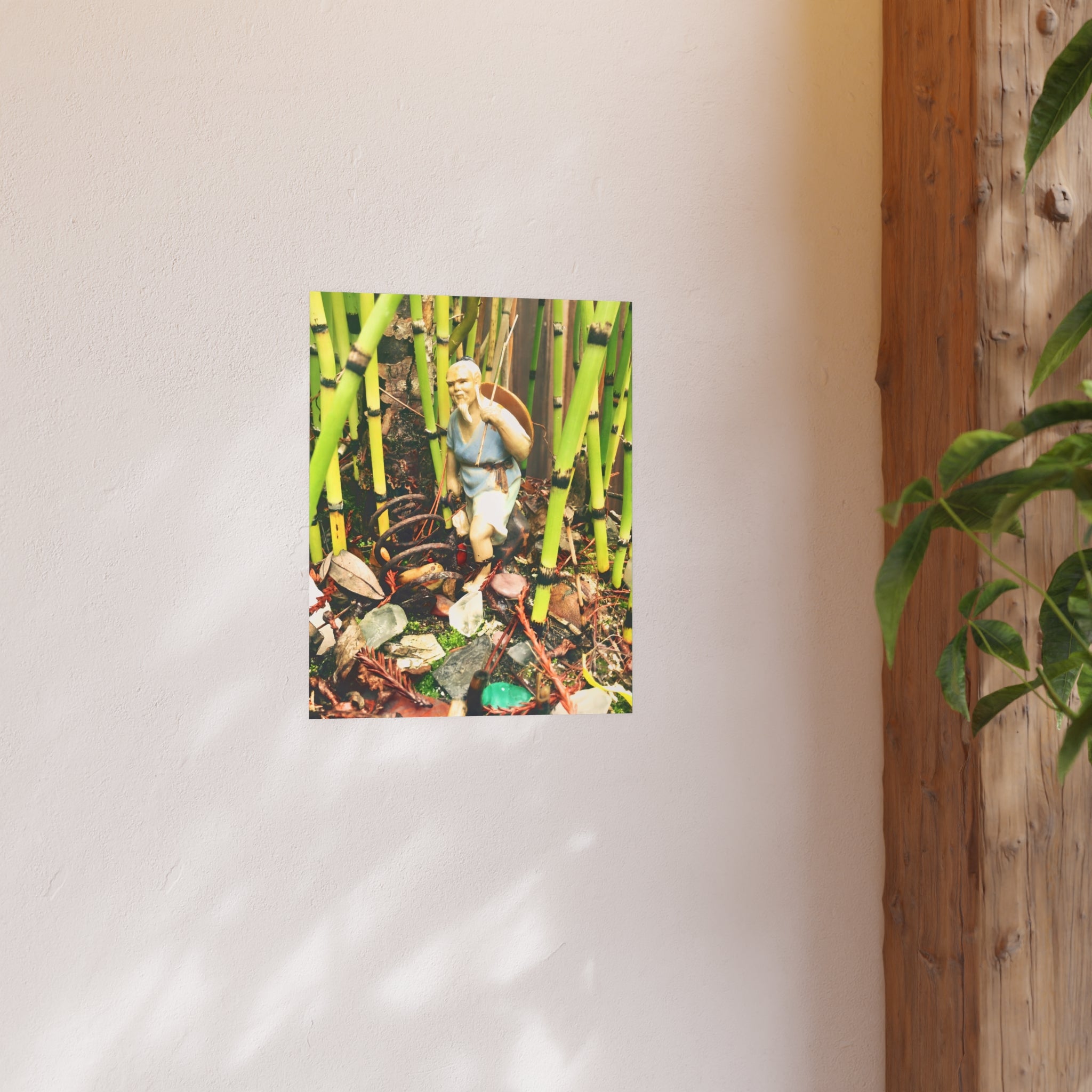 Garden Vignette Poster — Vintage Figurine Among Bamboo Satin/Matte Print