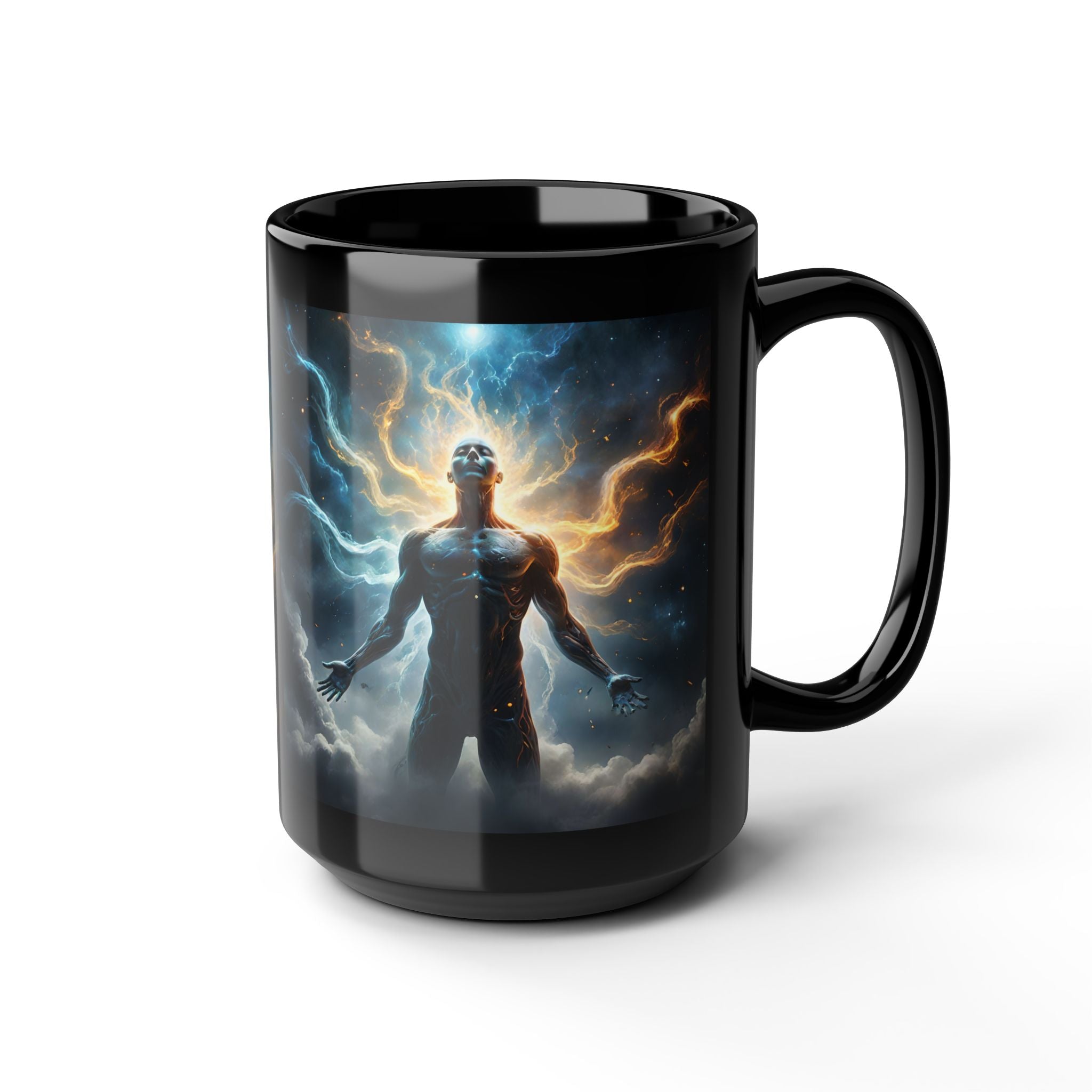 Galactic Ascendant 15oz Black Coffee Mug — Connecting to Source - Cosmic Human Figure Nebula Art
