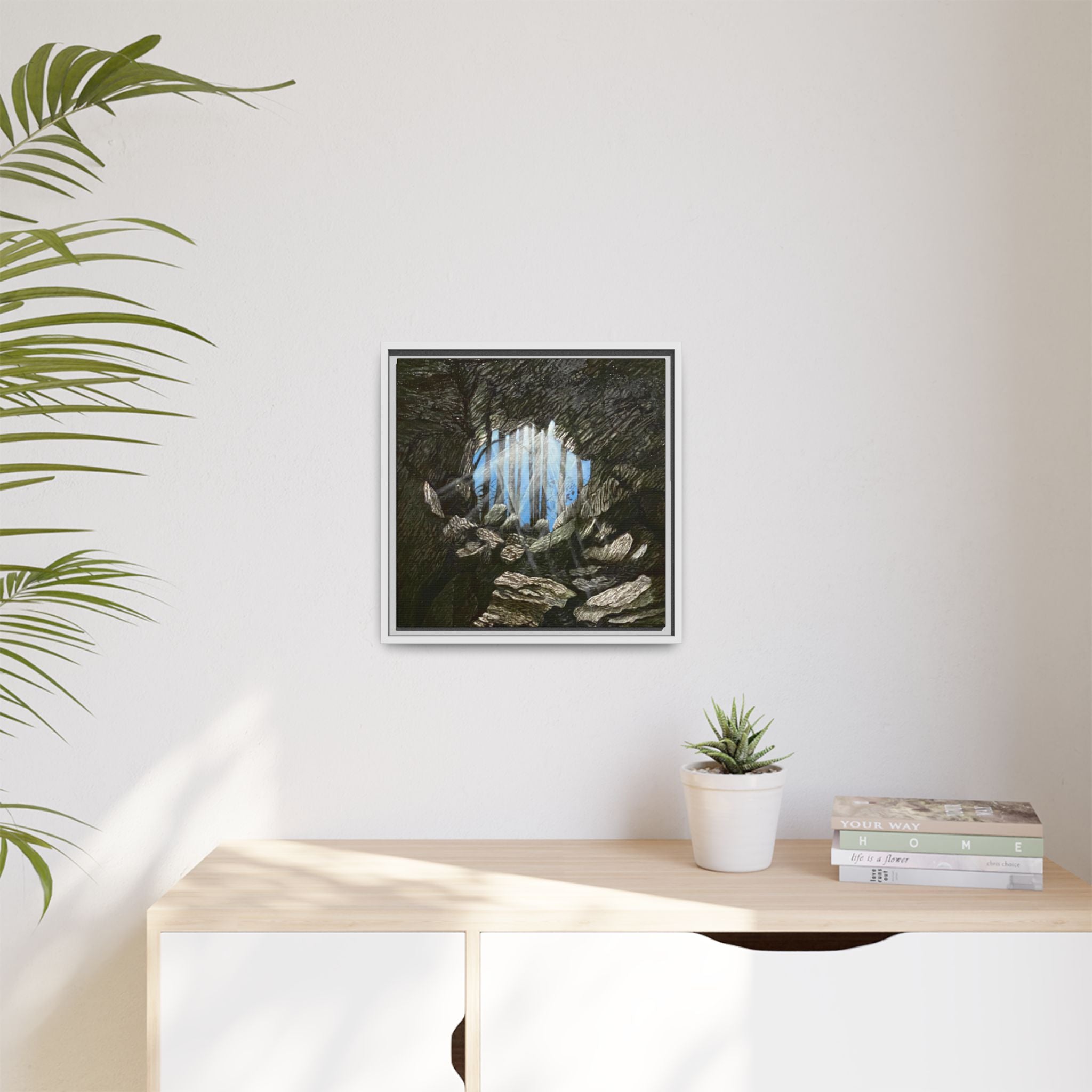 Framed Matte Canvas Art — Cave Opening with Blue Sky Landscape