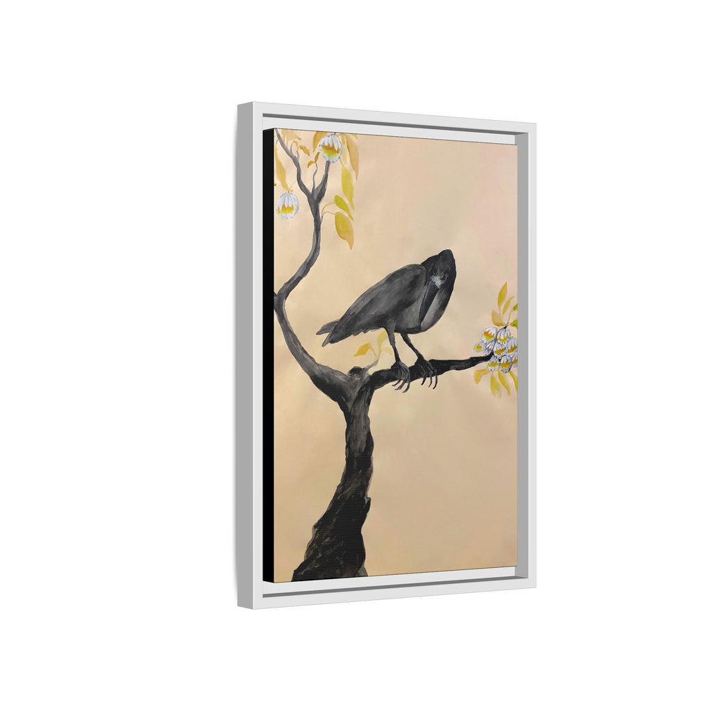 Raven on Branch Matte Framed Canvas – Moody Bird Wall Art