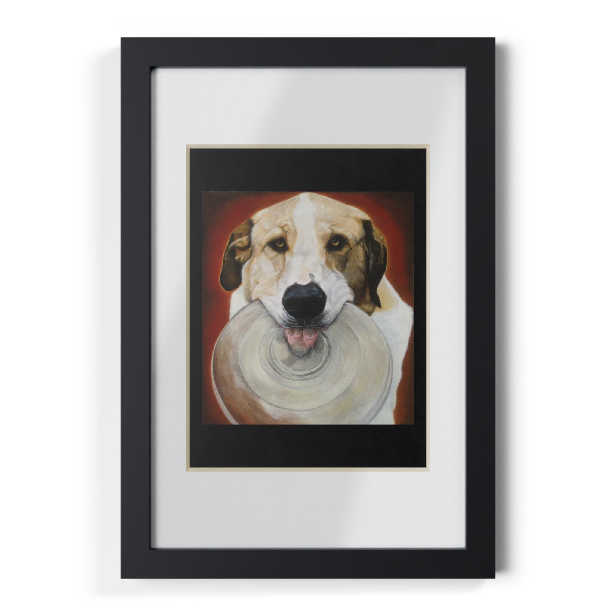 Framed Dog Poster — Black Frame Wall Art Featuring Playful Pup with Frisbee