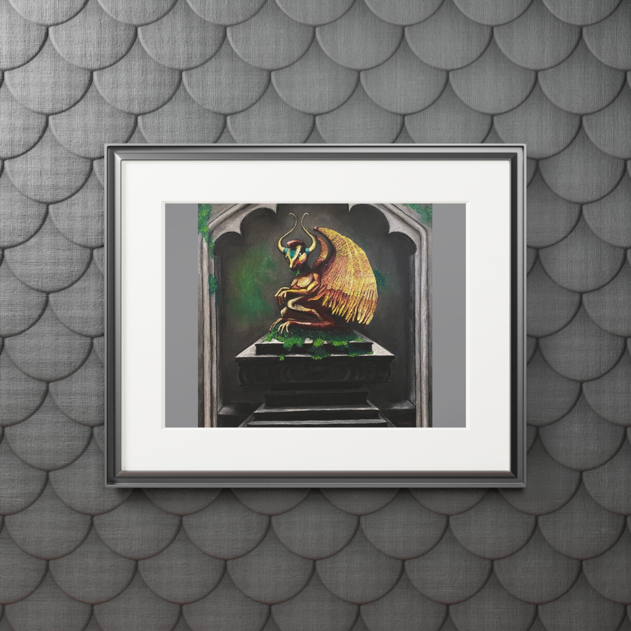 Golden Gargoyle Fine Art Print with Passepartout Frame — Mythic Wall Art