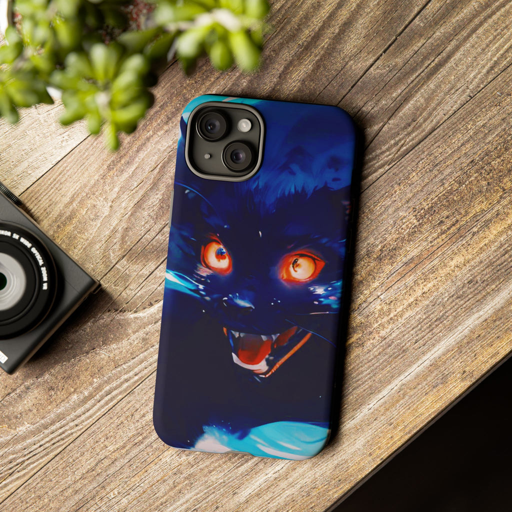 Demon Cat Phone Case — Glowing Blue Feline Tough Case