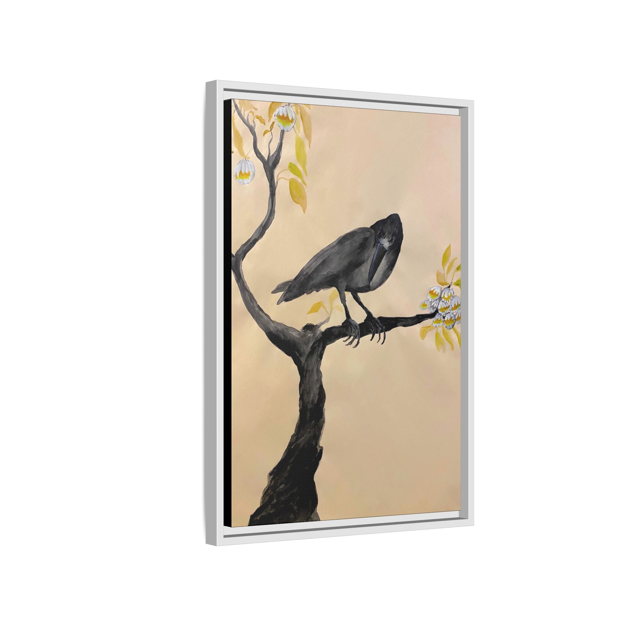 Raven on Branch Matte Framed Canvas – Moody Bird Wall Art