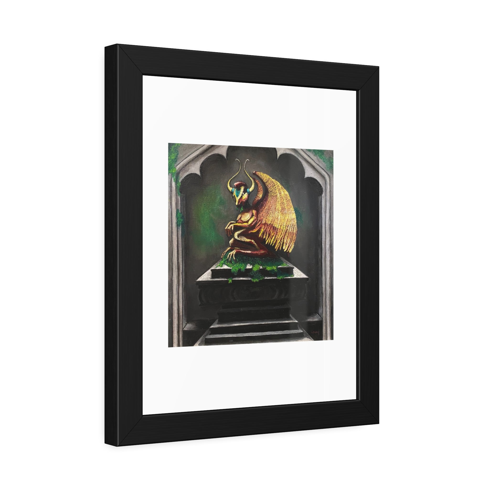 Golden Gargoyle Framed Art Print — Gothic Fantasy Paper Poster