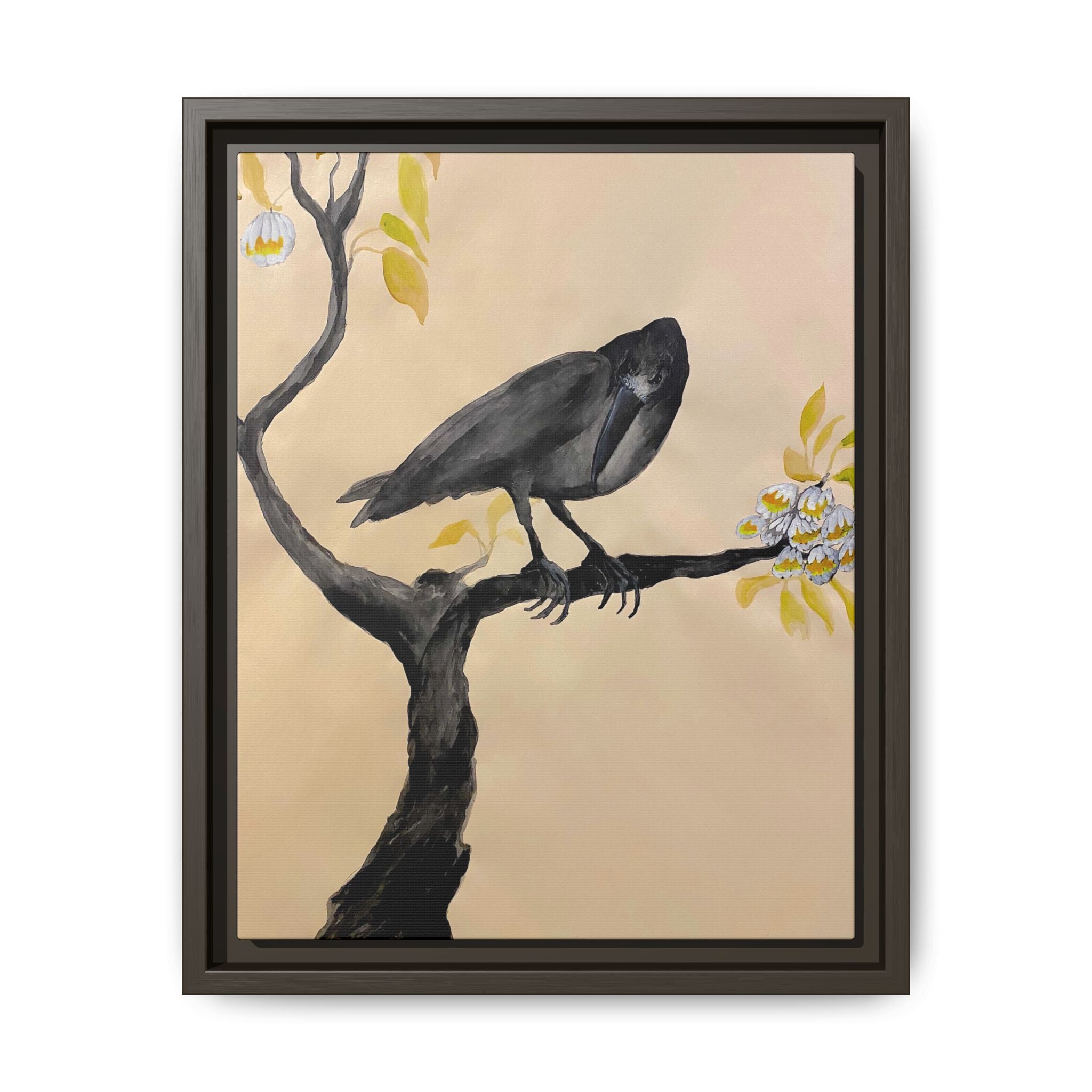 Raven on Branch Matte Framed Canvas – Moody Bird Wall Art