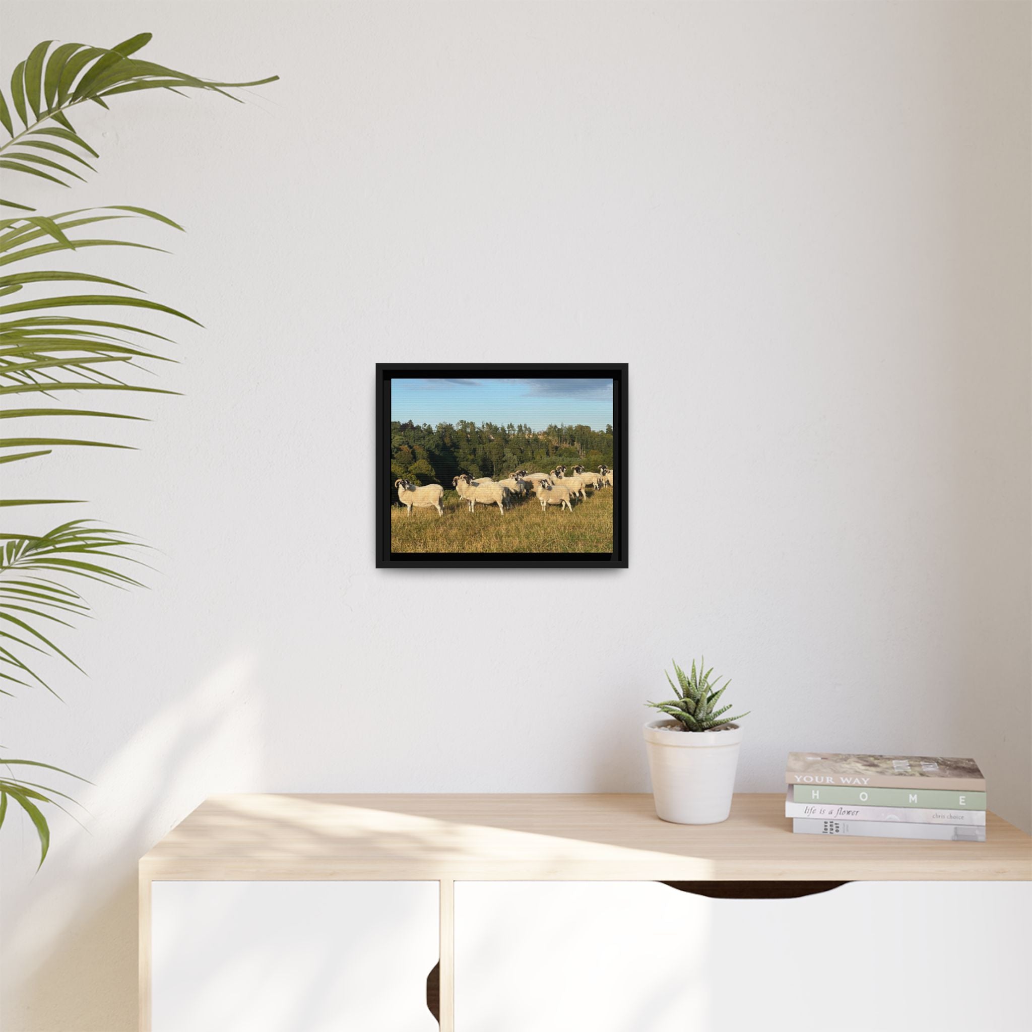 Framed Matte Canvas Print — Pastoral Sheep Landscape Wall Art