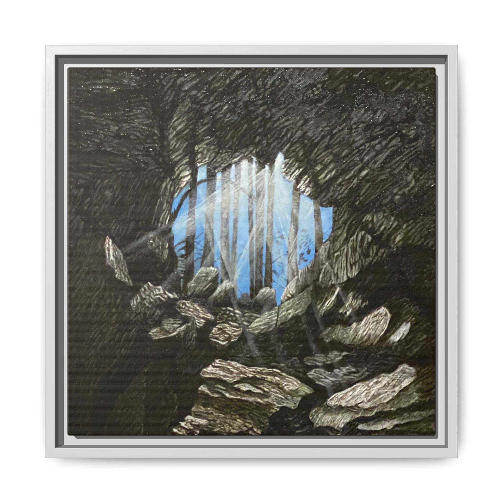 Framed Matte Canvas Art — Cave Opening with Blue Sky Landscape