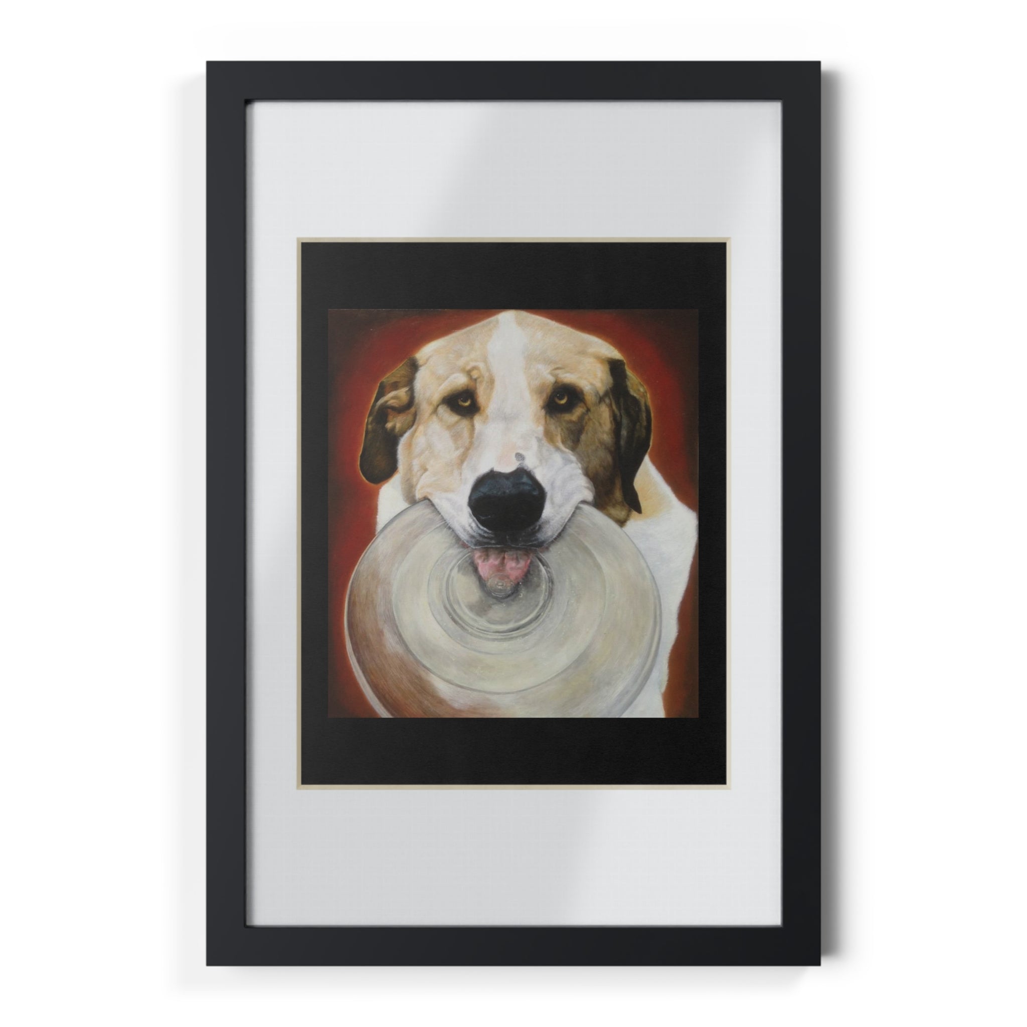 Framed Dog Poster — Black Frame Wall Art Featuring Playful Pup with Frisbee