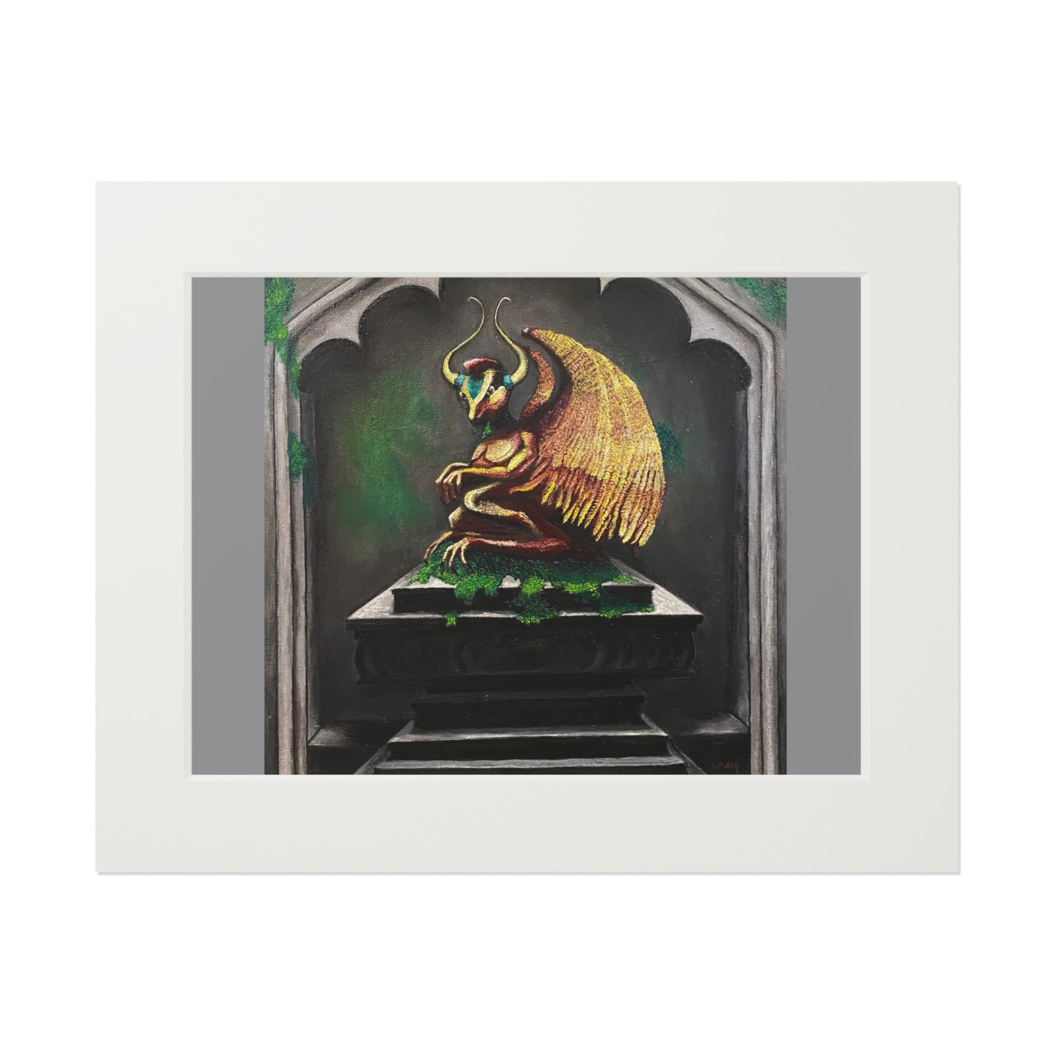 Golden Gargoyle Fine Art Print with Passepartout Frame — Mythic Wall Art