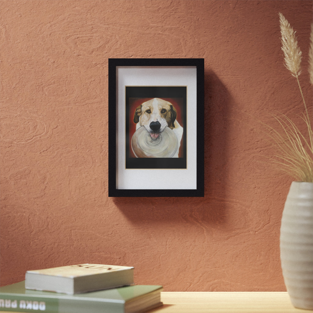 Framed Dog Poster — Black Frame Wall Art Featuring Playful Pup with Frisbee