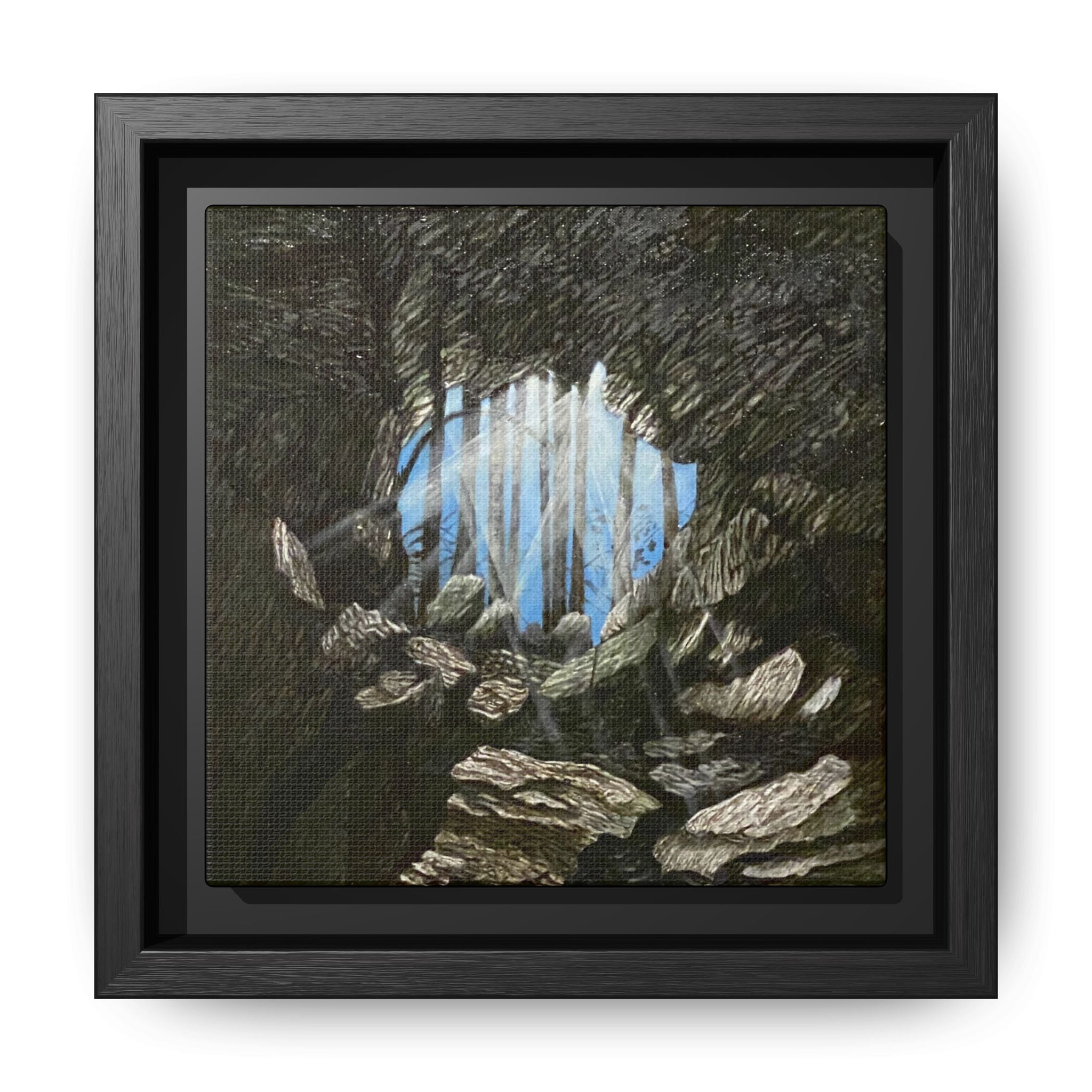 Framed Matte Canvas Art — Cave Opening with Blue Sky Landscape