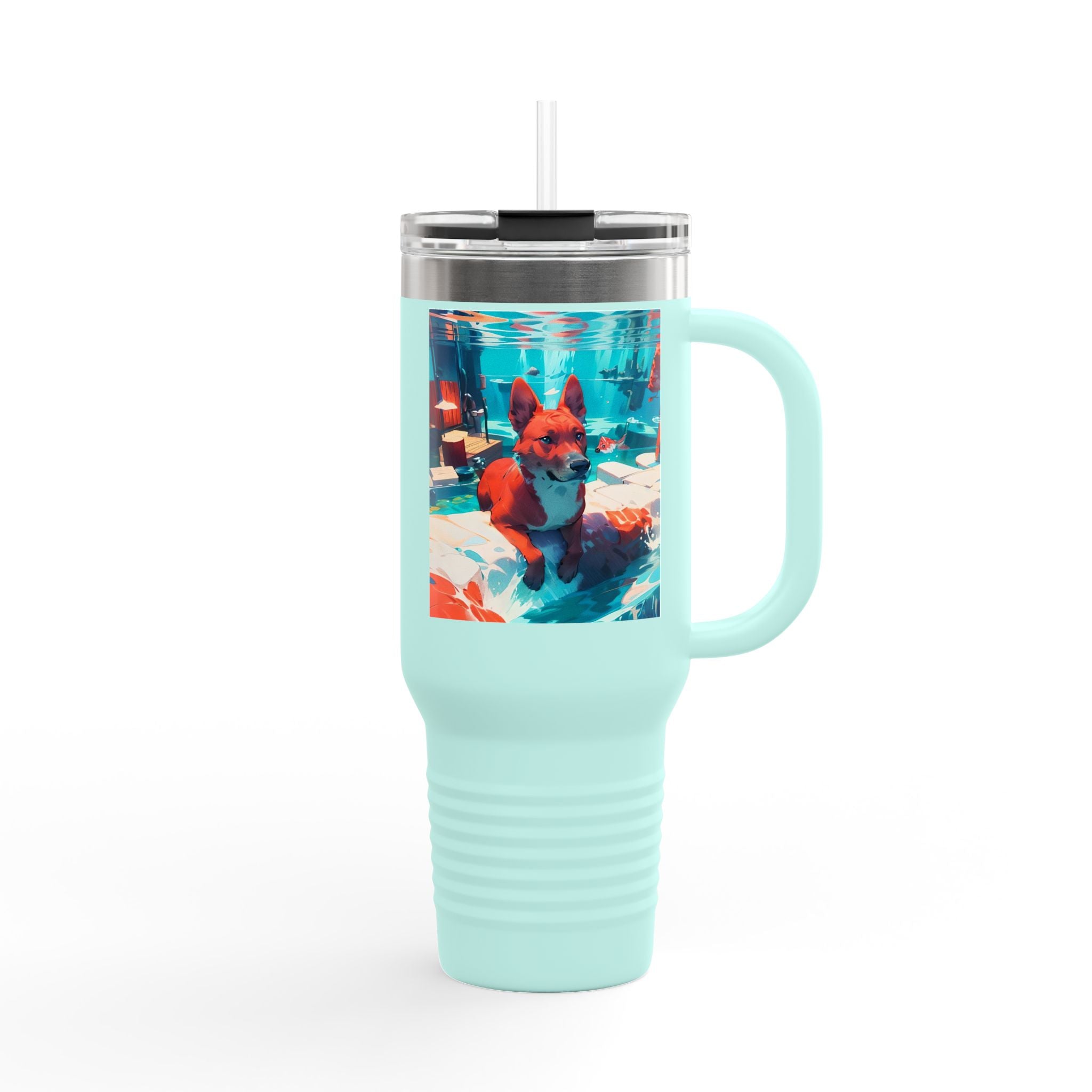 40oz Insulated Travel Mug – Colorful Underwater Dog Art Design