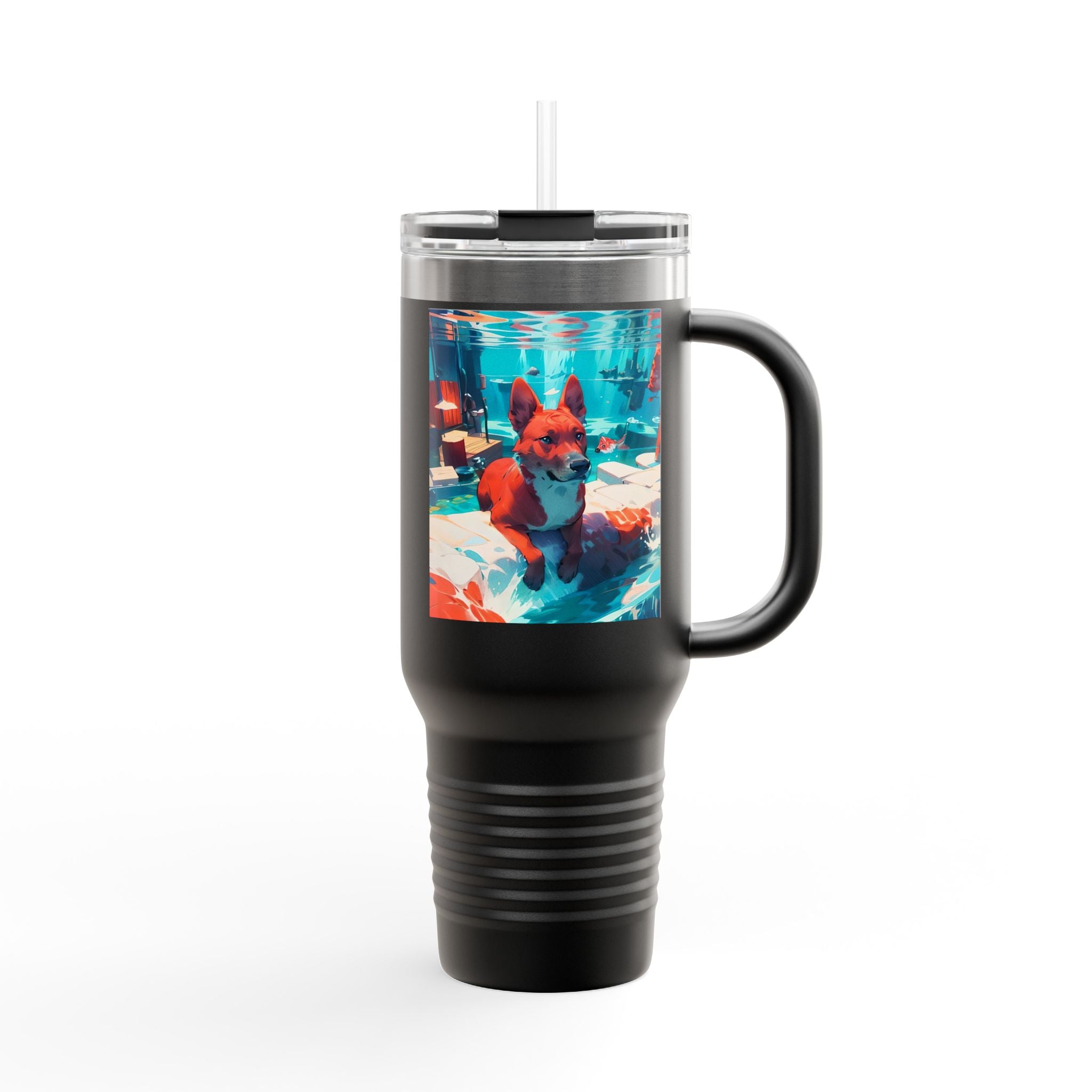 40oz Insulated Travel Mug – Colorful Underwater Dog Art Design