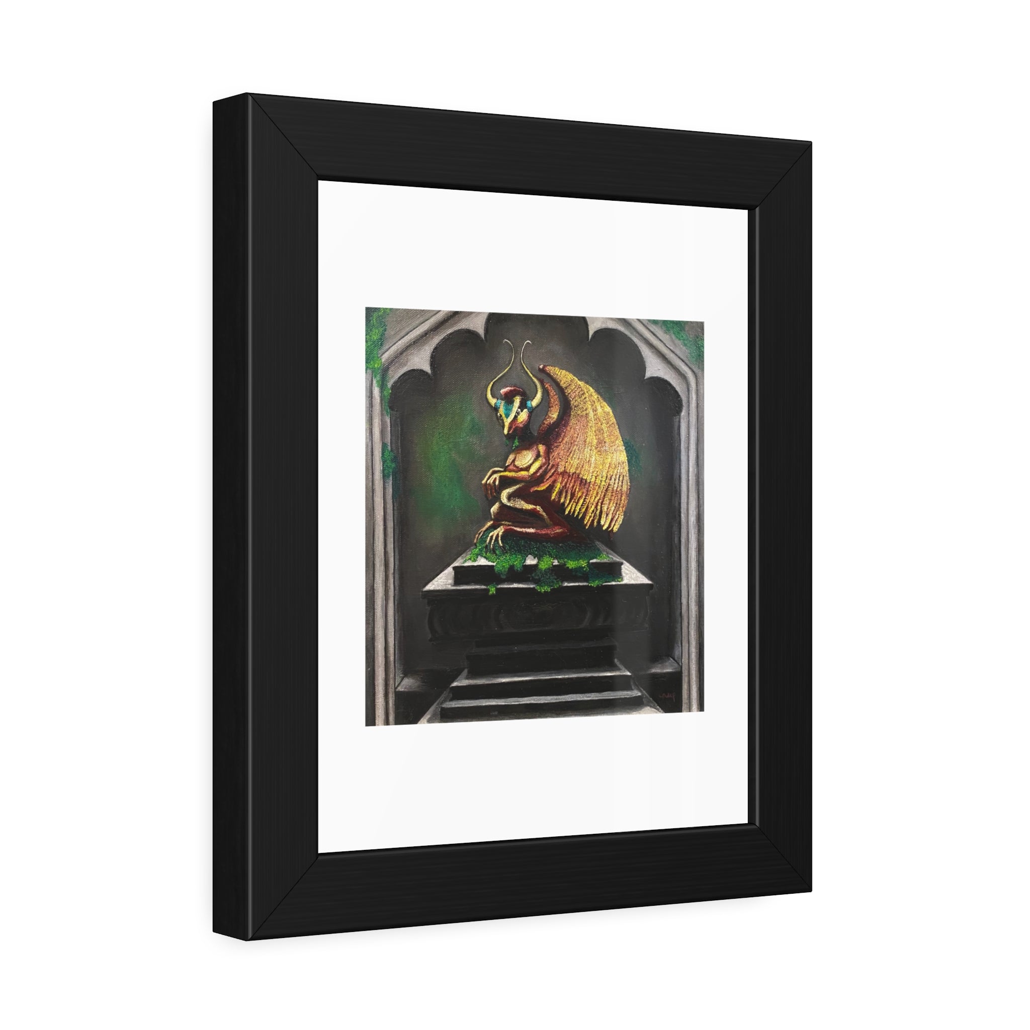Golden Gargoyle Framed Art Print — Gothic Fantasy Paper Poster