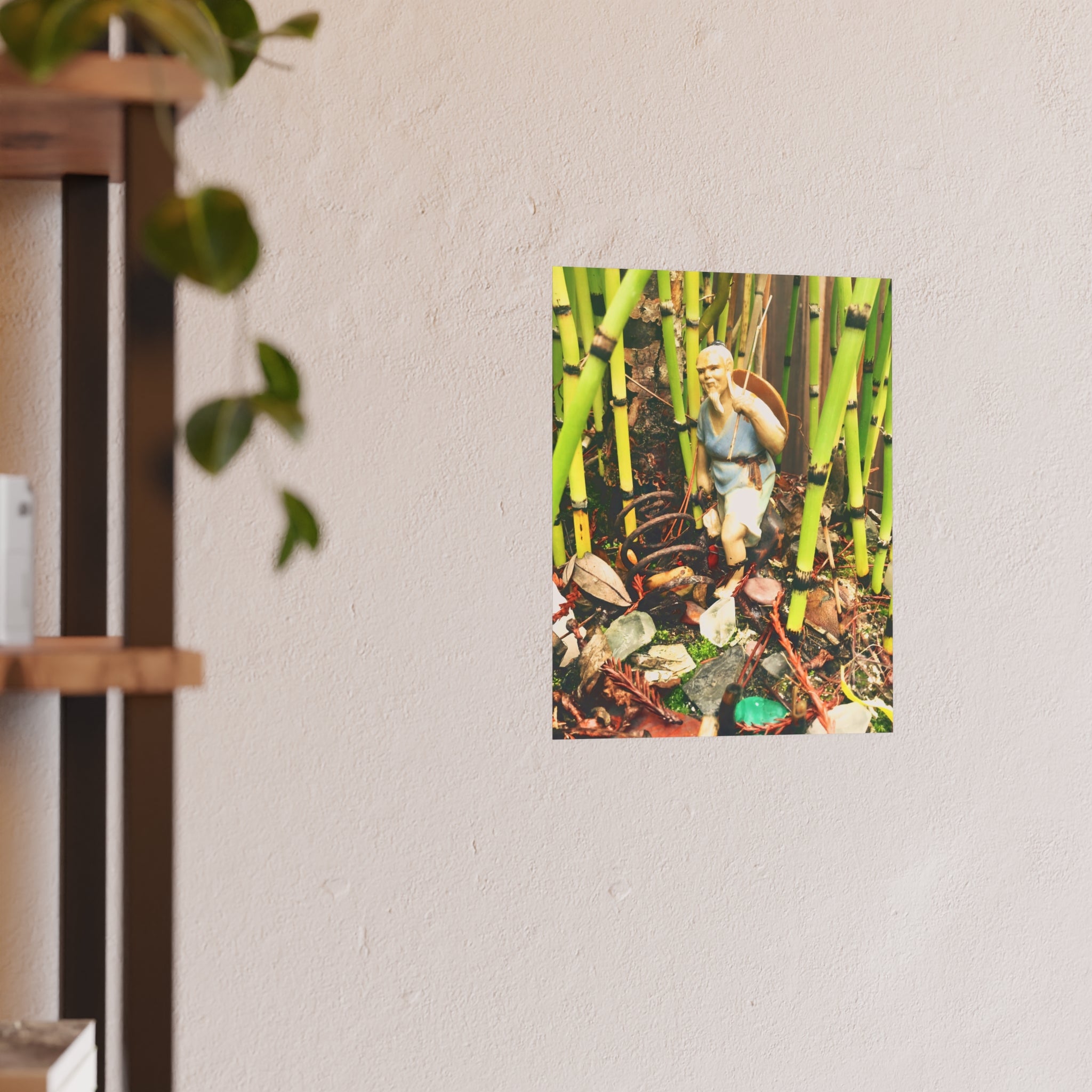 Garden Vignette Poster — Vintage Figurine Among Bamboo Satin/Matte Print