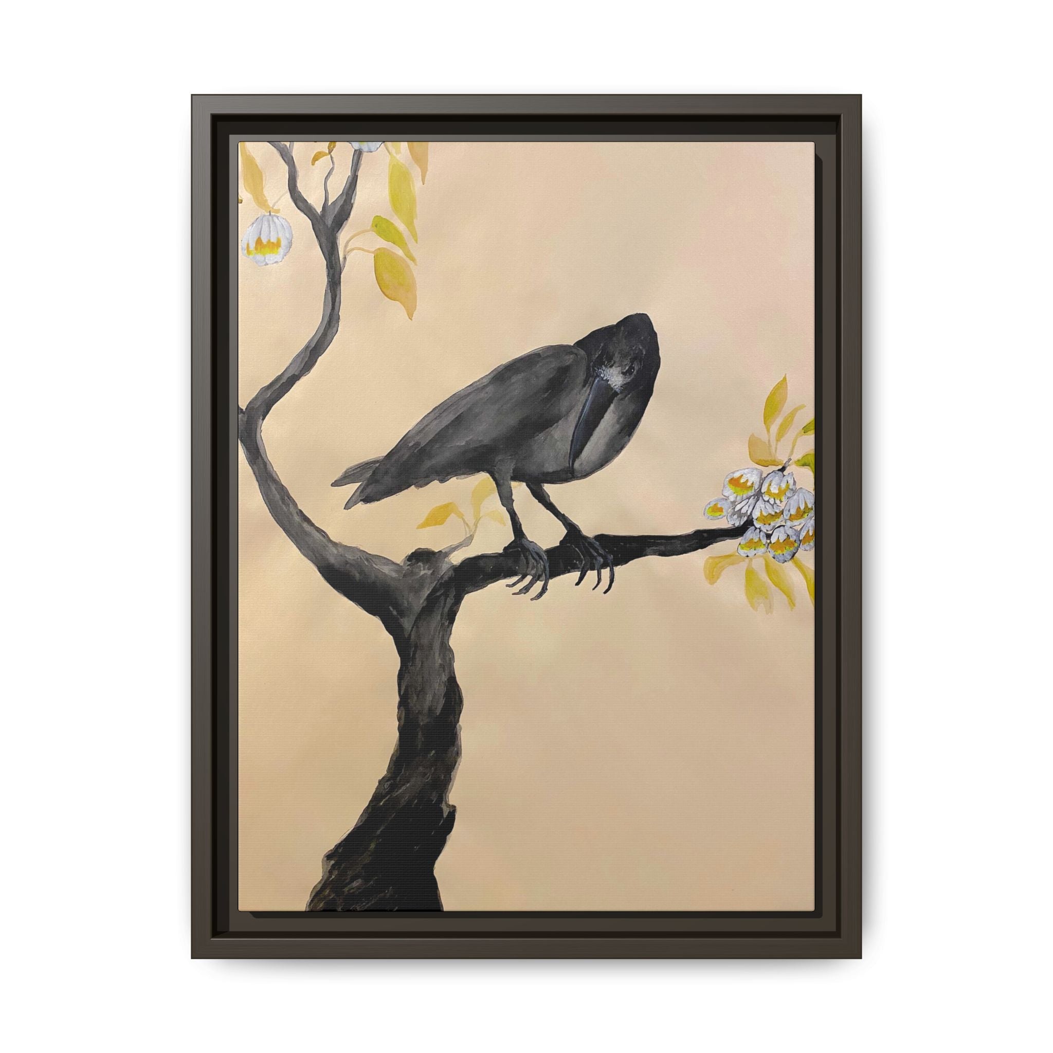 Raven on Branch Matte Framed Canvas – Moody Bird Wall Art