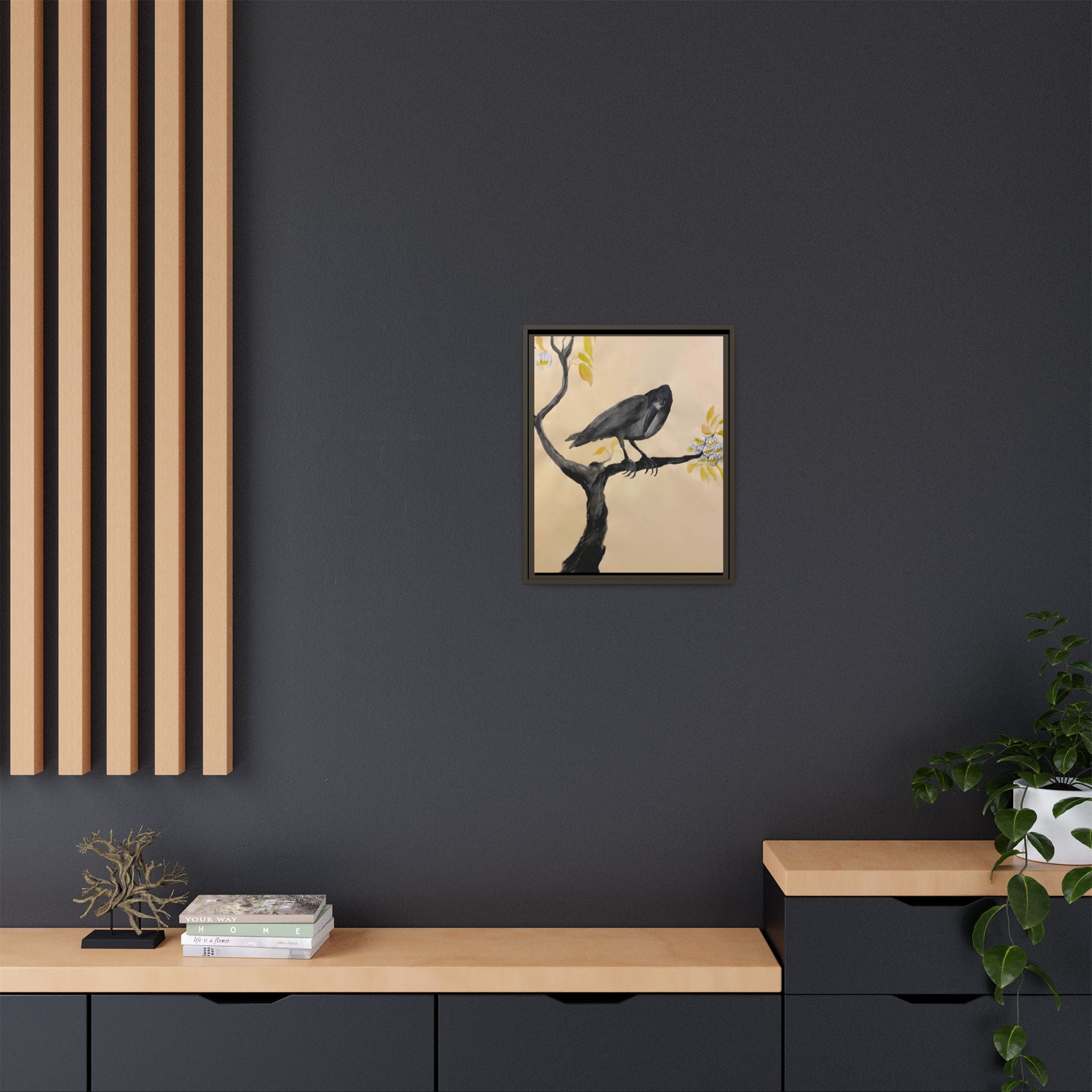 Raven on Branch Matte Framed Canvas – Moody Bird Wall Art