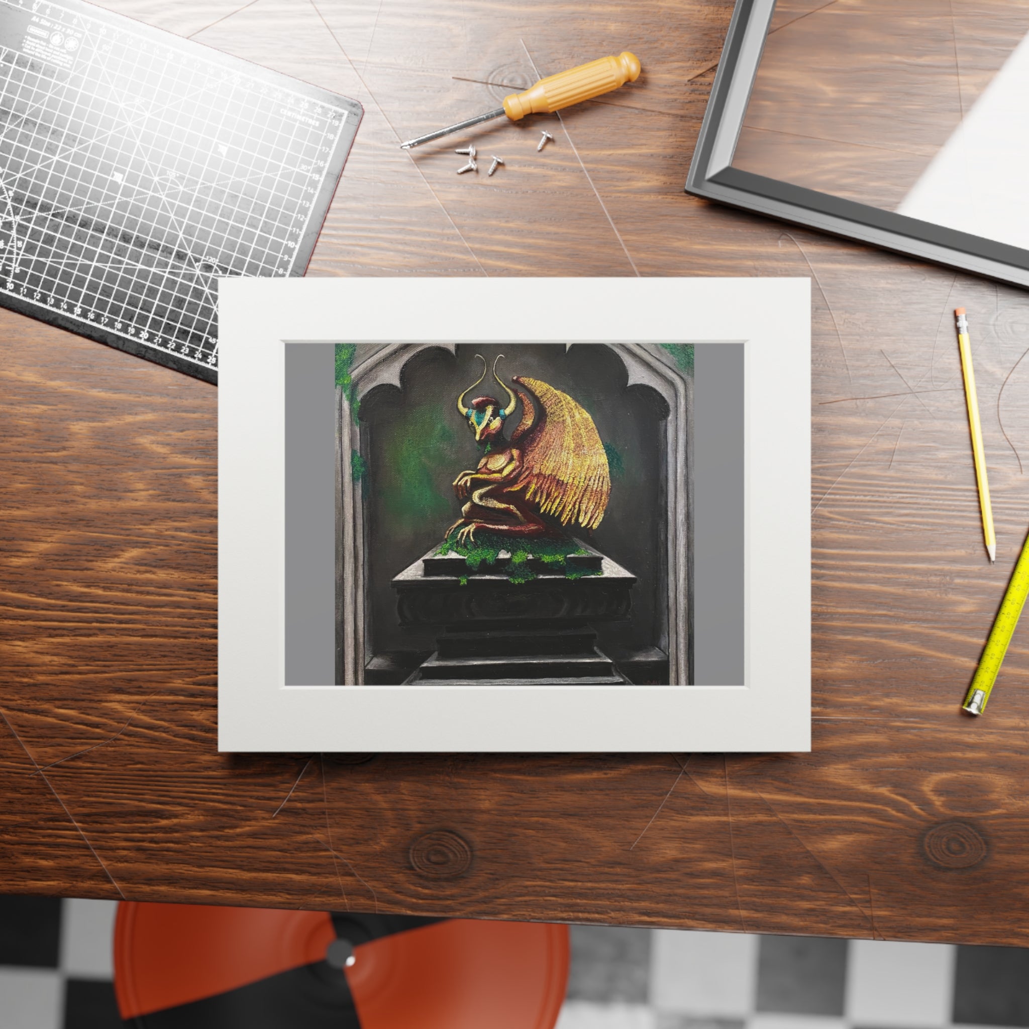 Golden Gargoyle Fine Art Print with Passepartout Frame — Mythic Wall Art