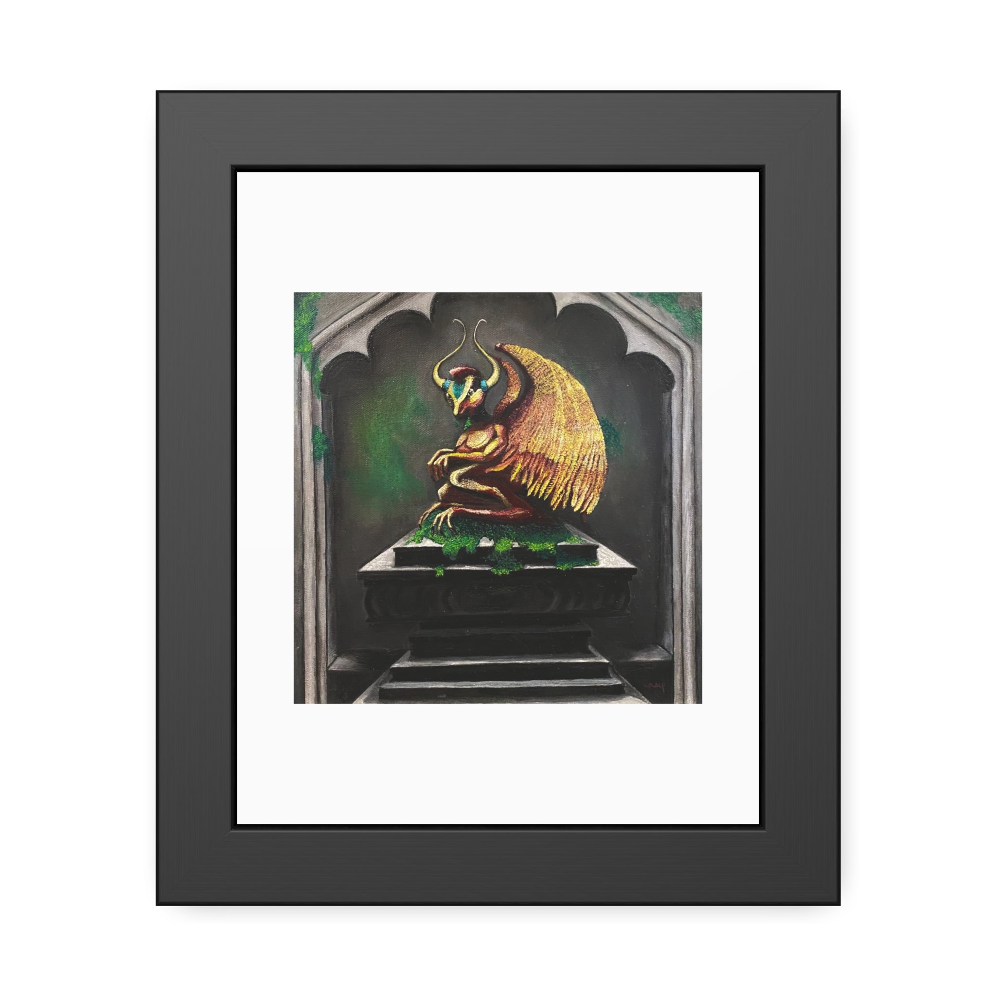 Golden Gargoyle Framed Art Print — Gothic Fantasy Paper Poster