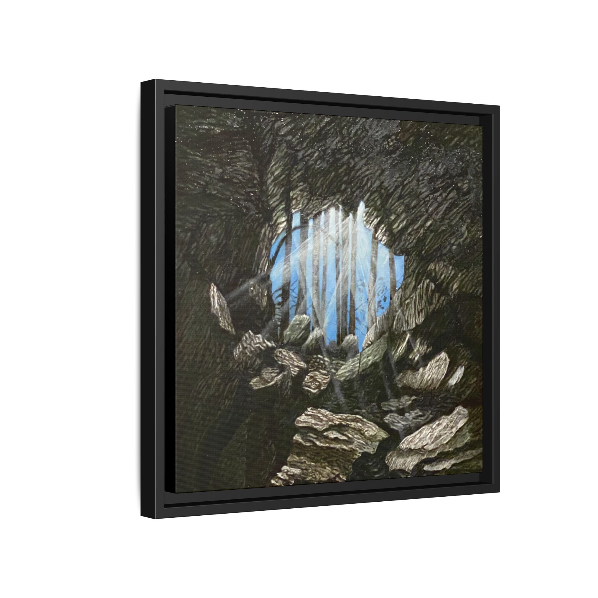 Framed Matte Canvas Art — Cave Opening with Blue Sky Landscape