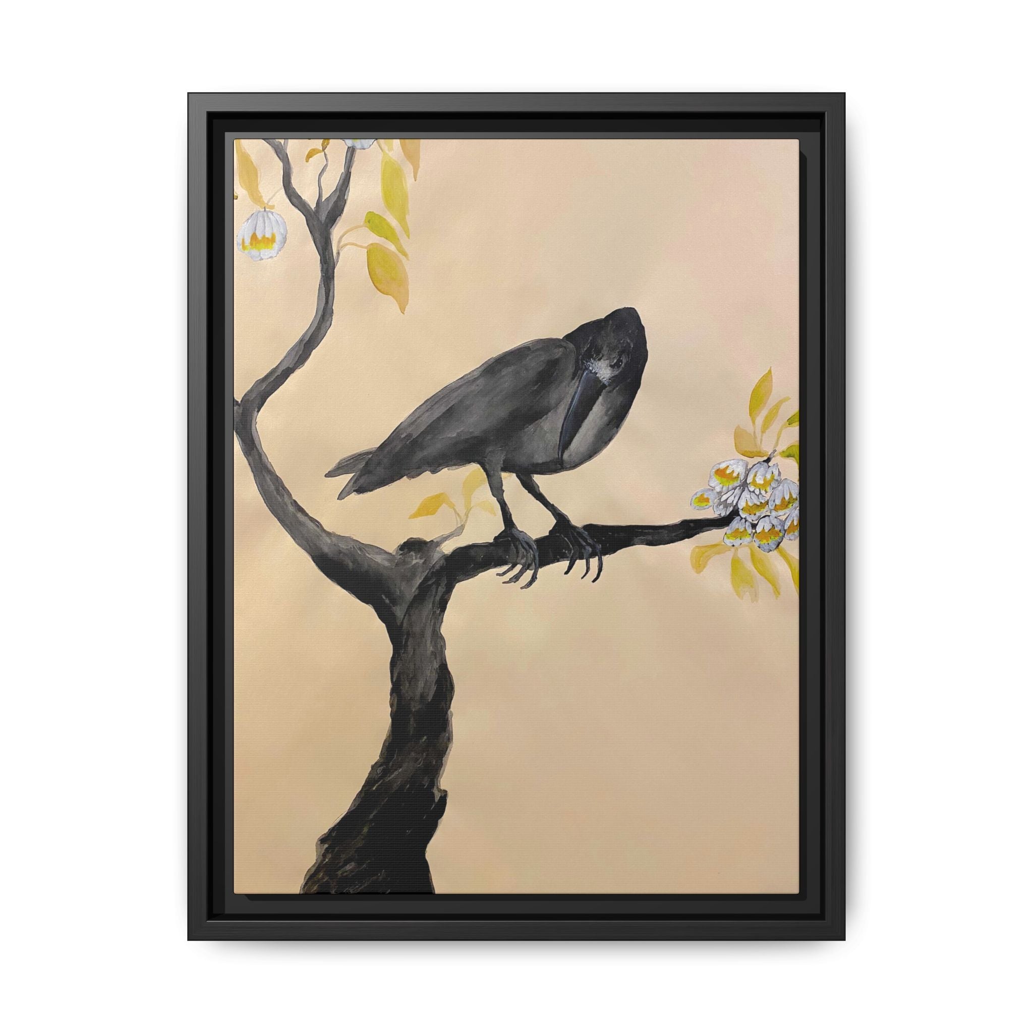 Raven on Branch Matte Framed Canvas – Moody Bird Wall Art