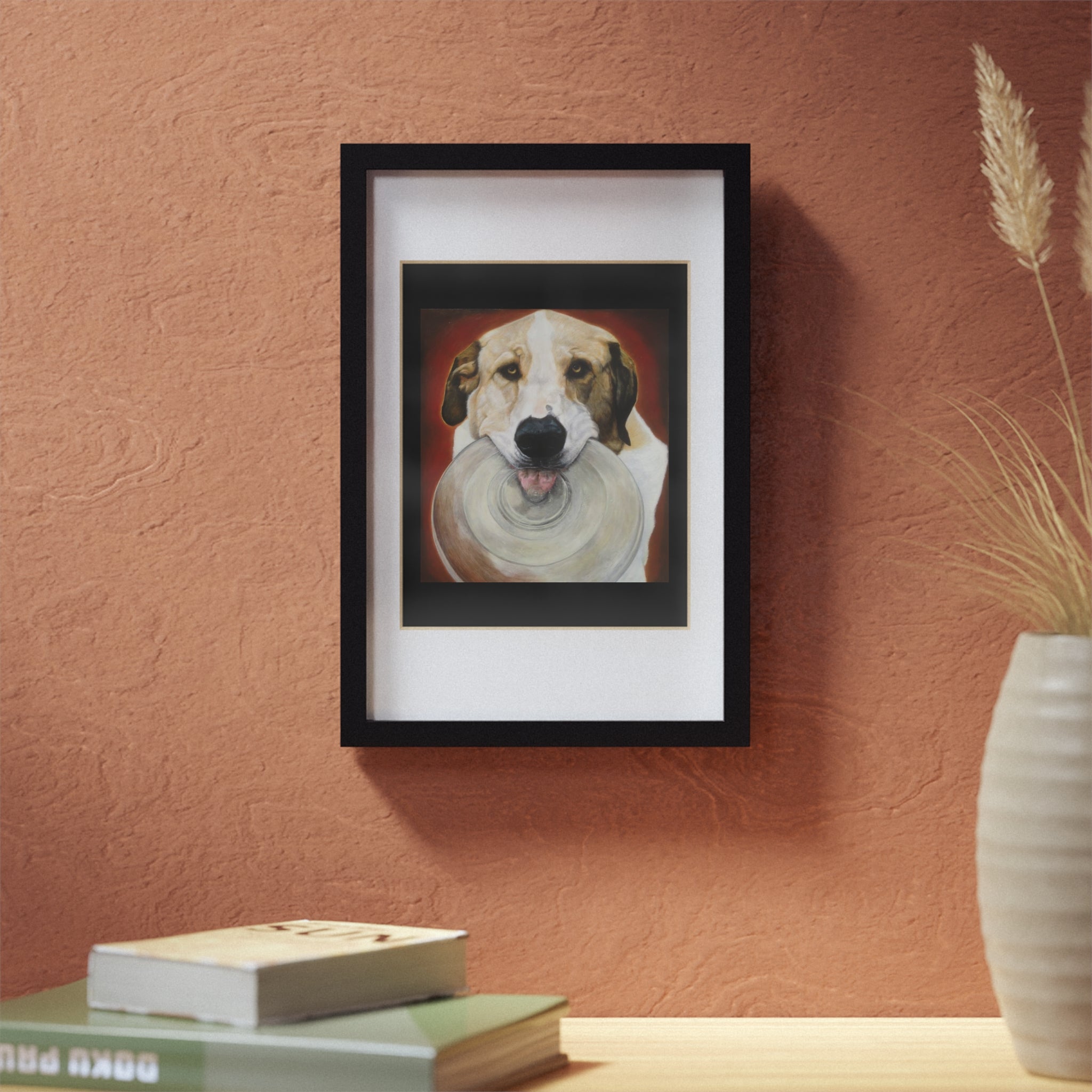 Framed Dog Poster — Black Frame Wall Art Featuring Playful Pup with Frisbee