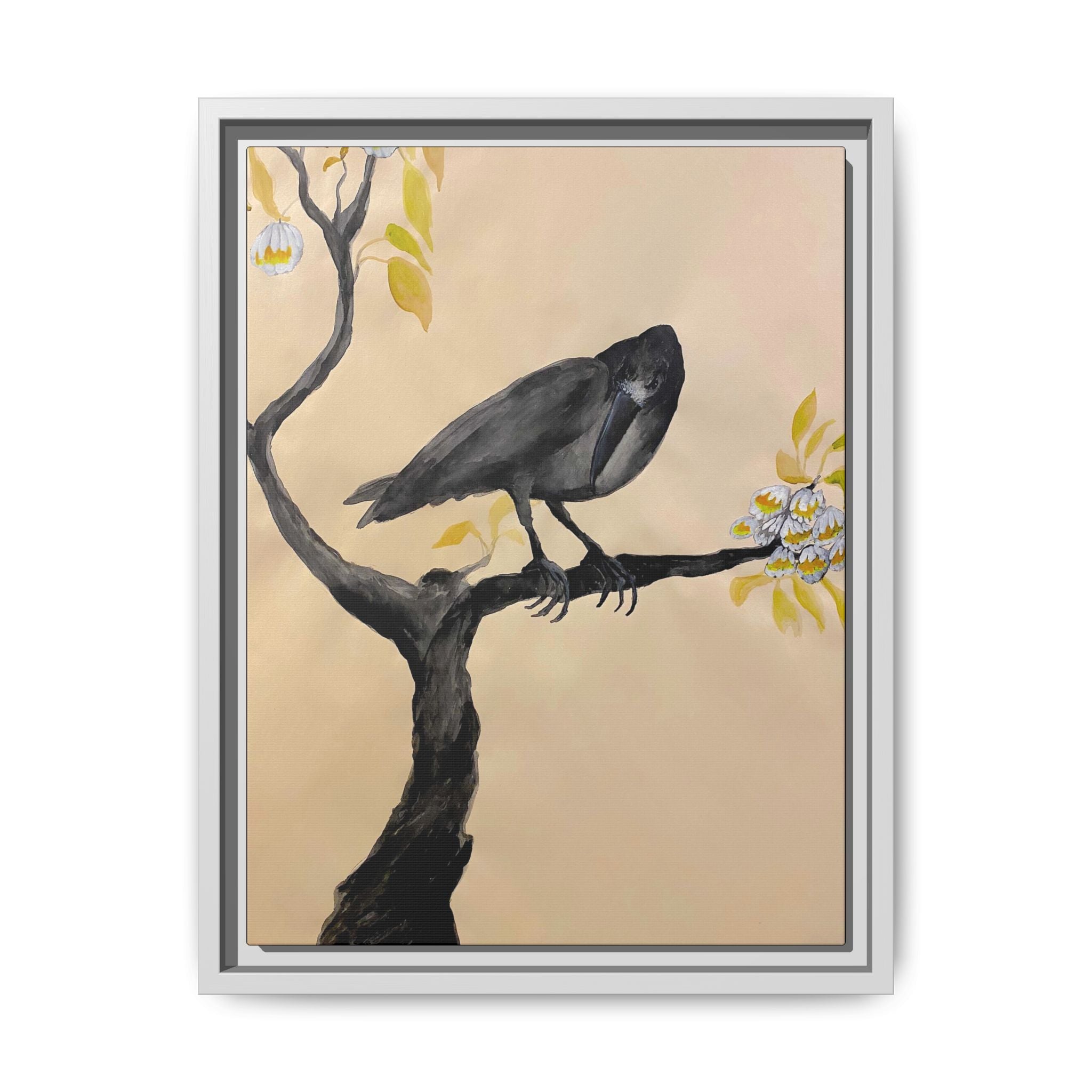 Raven on Branch Matte Framed Canvas – Moody Bird Wall Art