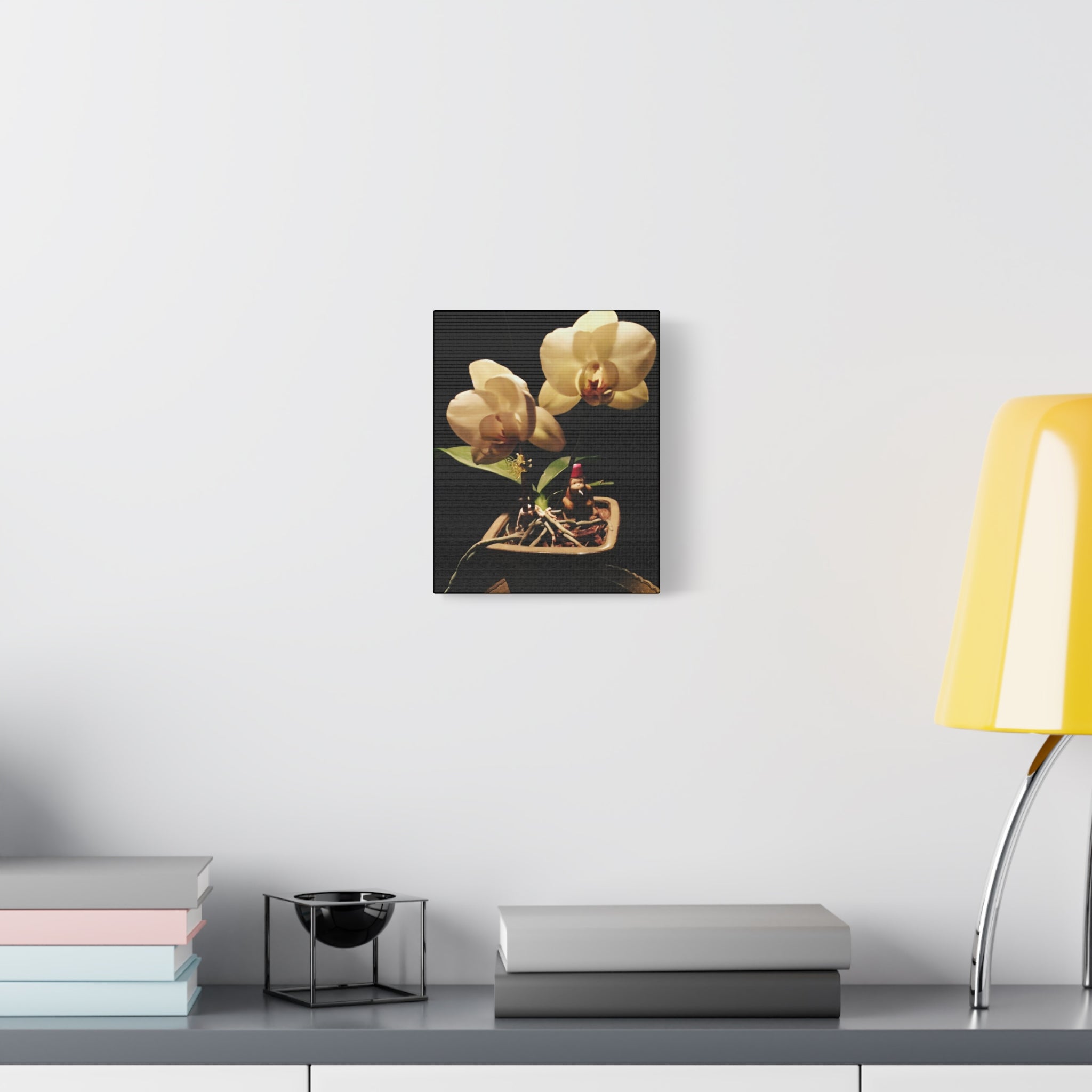 Orchid Still Life Canvas – Orchid Wall Art with Fez Monkey on Matte Stretched Canvas
